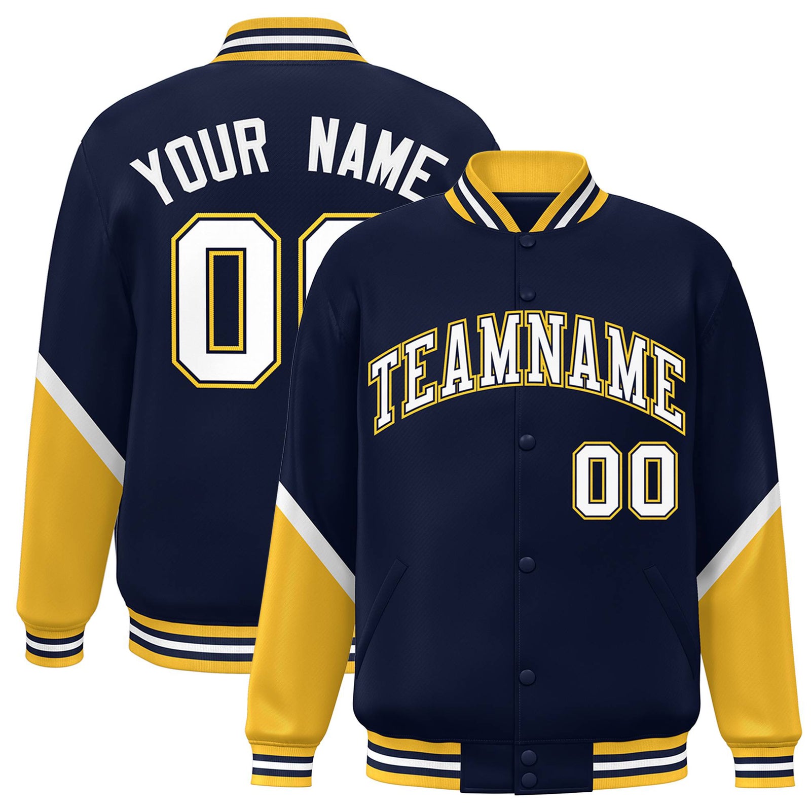 Custom Navy Gold-White Varsity Full-Snap Color Block Letterman Jacket