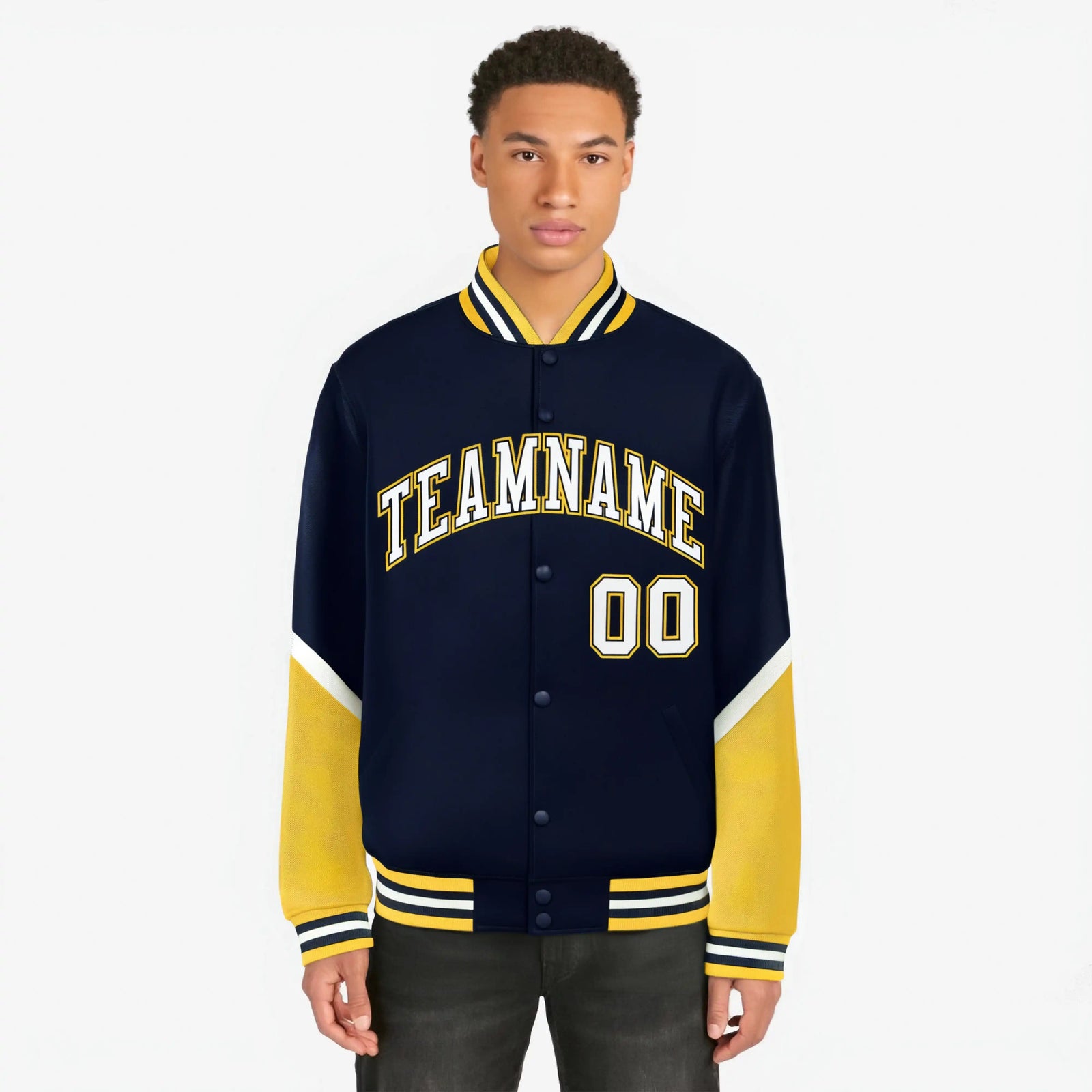 Custom Navy Gold-White Varsity Full-Snap Color Block Letterman Jacket