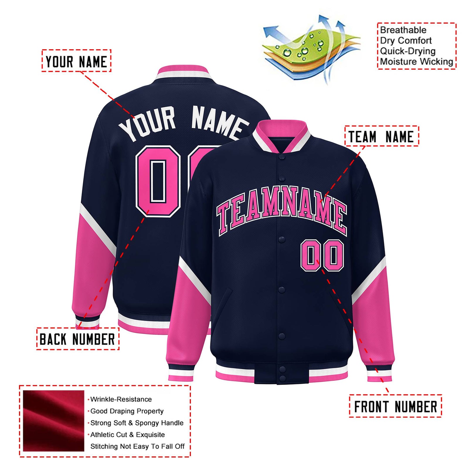 Custom Navy Pink-White Varsity Full-Snap Color Block Letterman Jacket