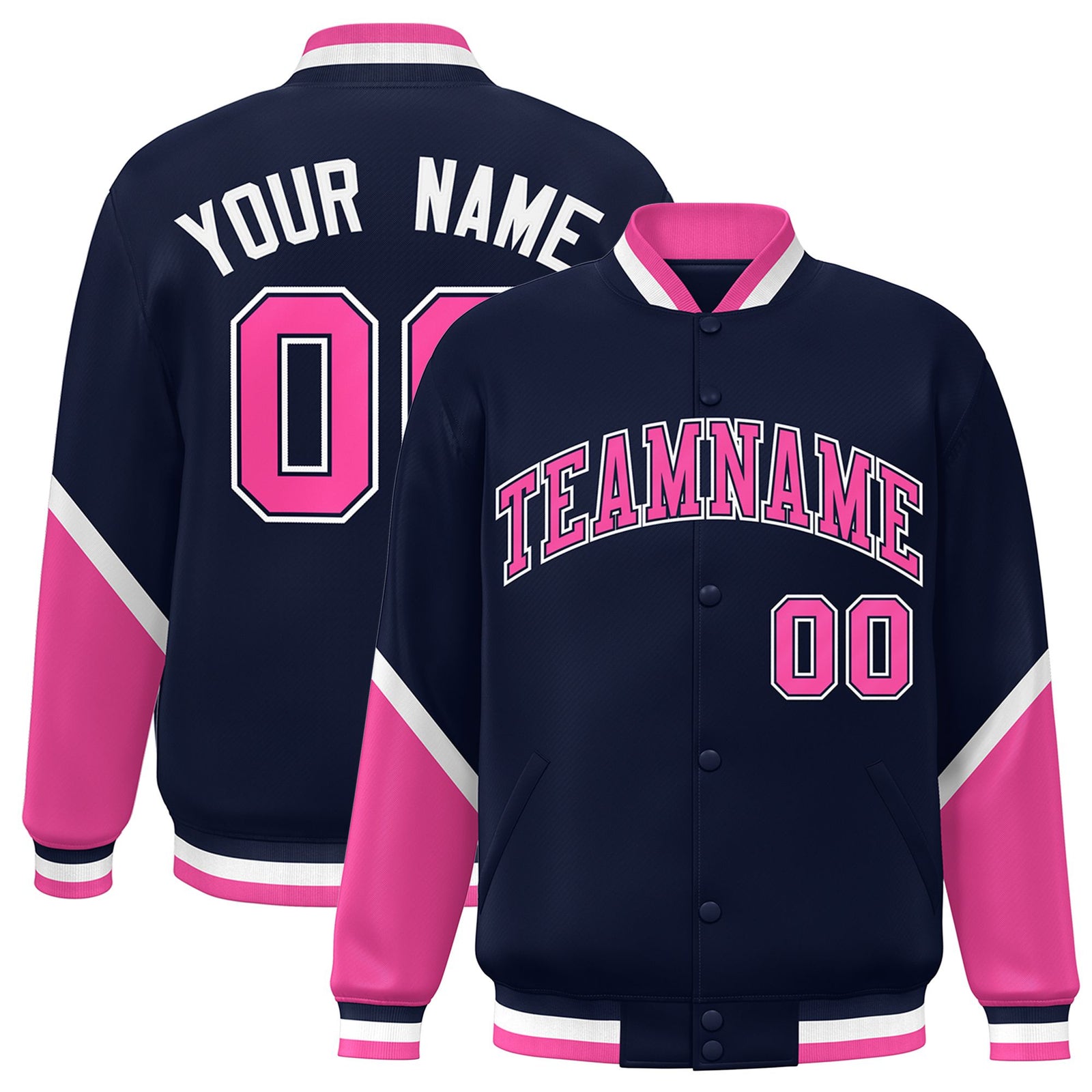 Custom Navy Pink-White Varsity Full-Snap Color Block Letterman Jacket