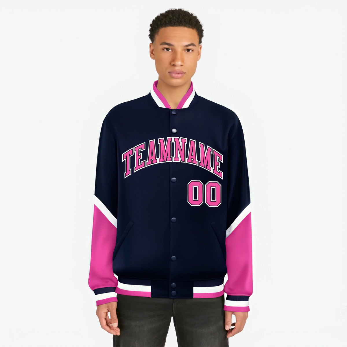 Custom Navy Pink-White Varsity Full-Snap Color Block Letterman Jacket