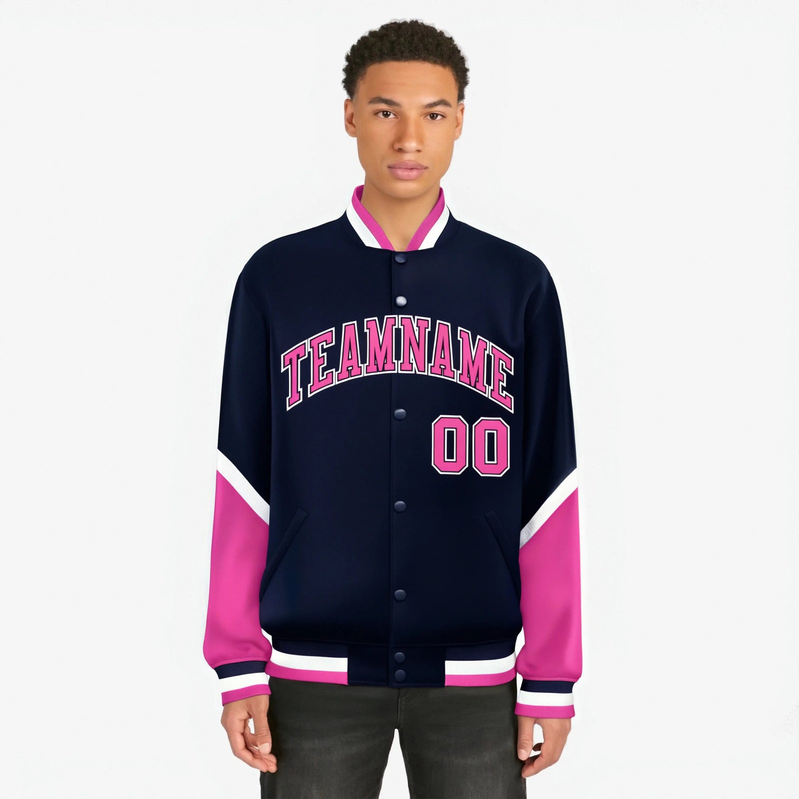 Custom Navy Pink-White Varsity Full-Snap Color Block Letterman Jacket