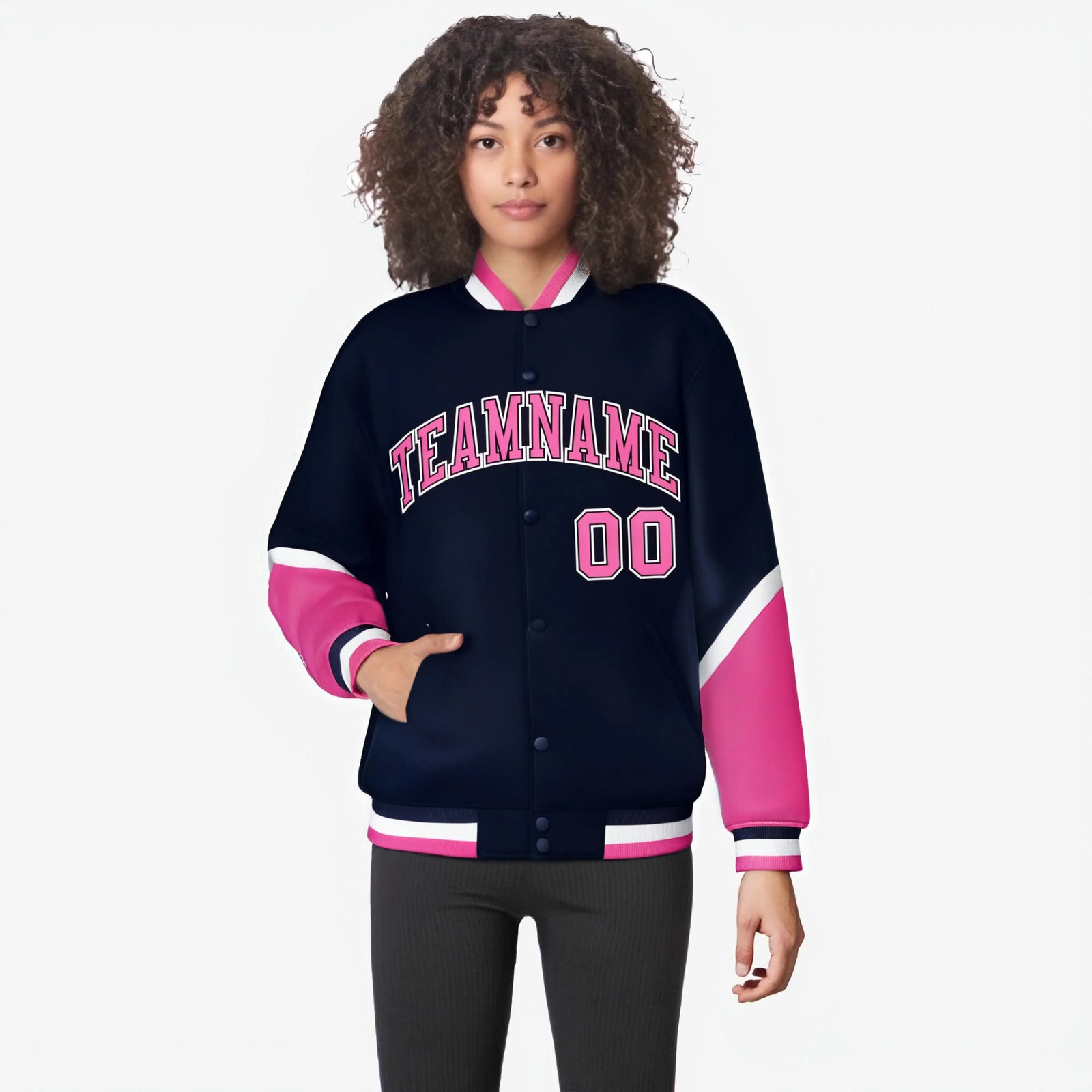 Custom Navy Pink-White Varsity Full-Snap Color Block Letterman Jacket