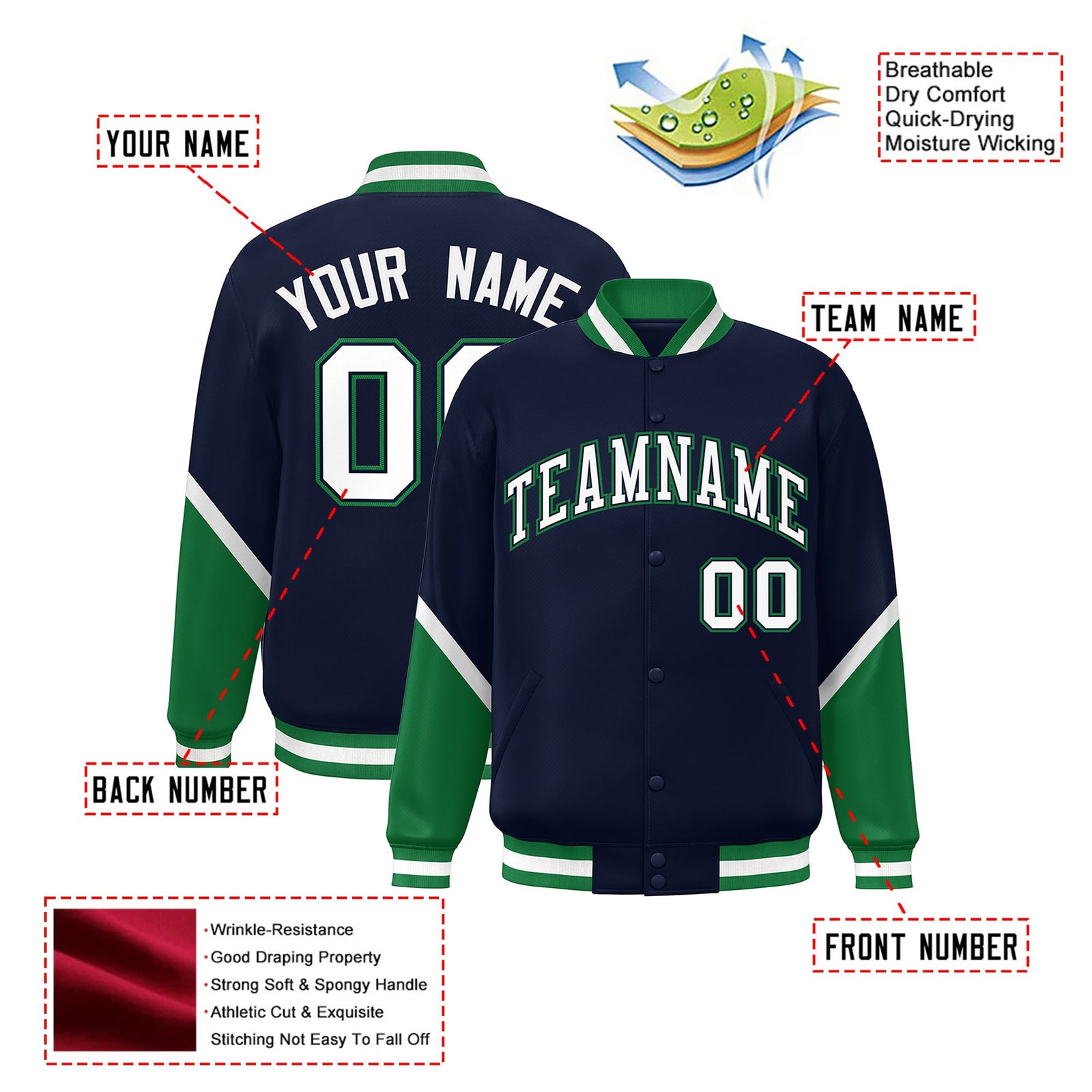Custom Navy Kelly Green-White Varsity Full-Snap Color Block Letterman Jacket