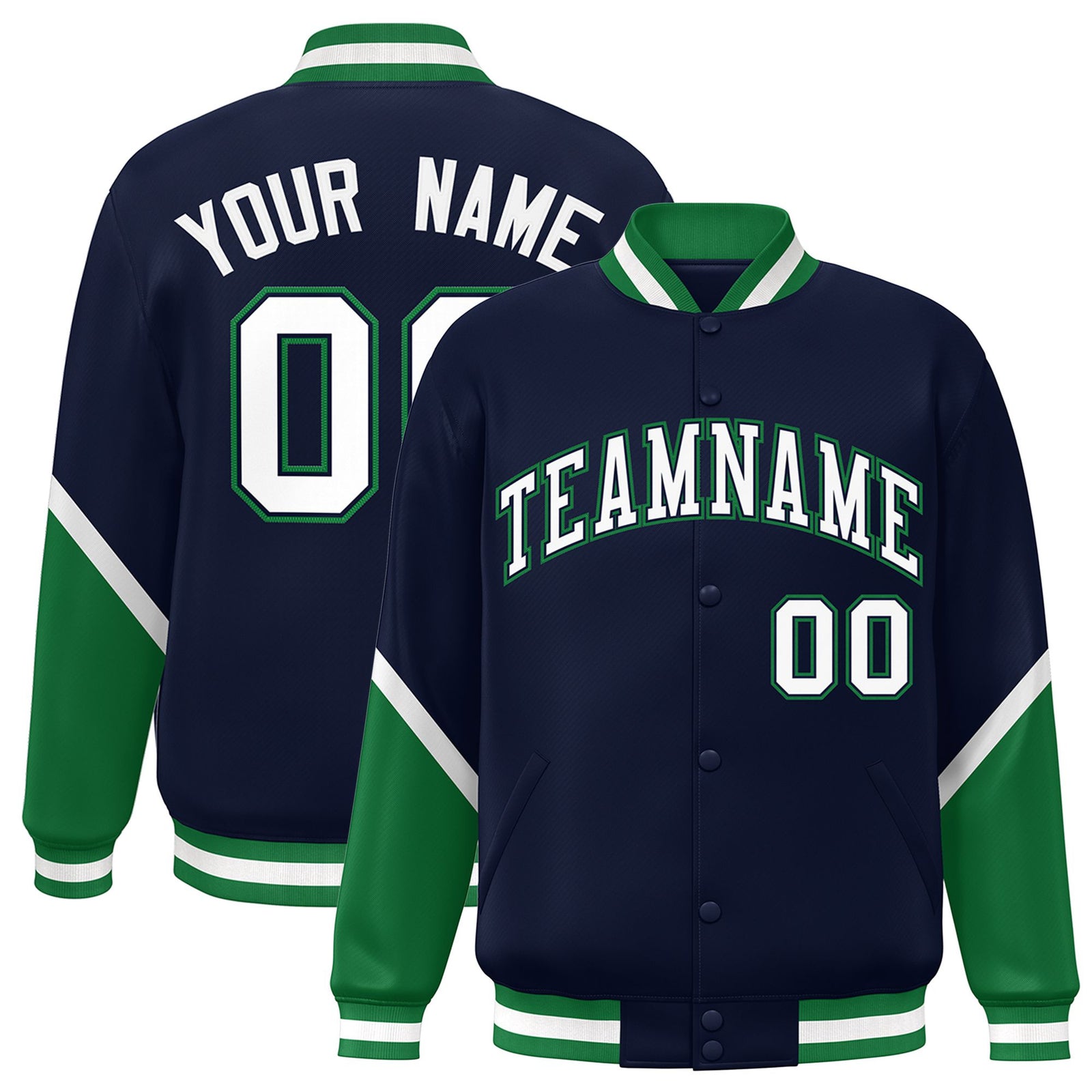 Custom Navy Kelly Green-White Varsity Full-Snap Color Block Letterman Jacket