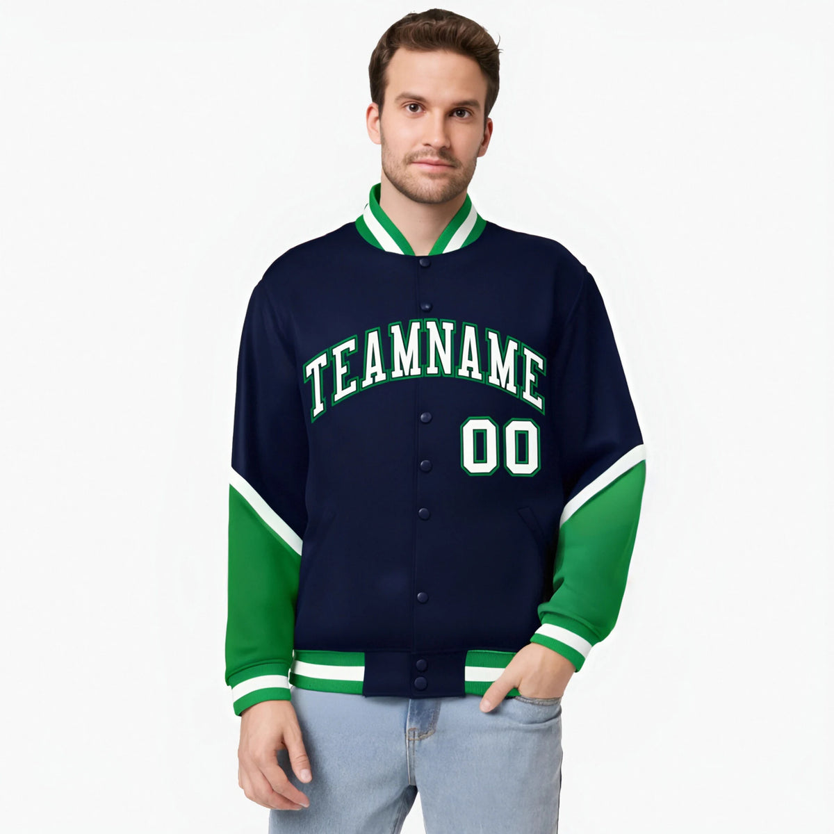Custom Navy Kelly Green-White Varsity Full-Snap Color Block Letterman Jacket