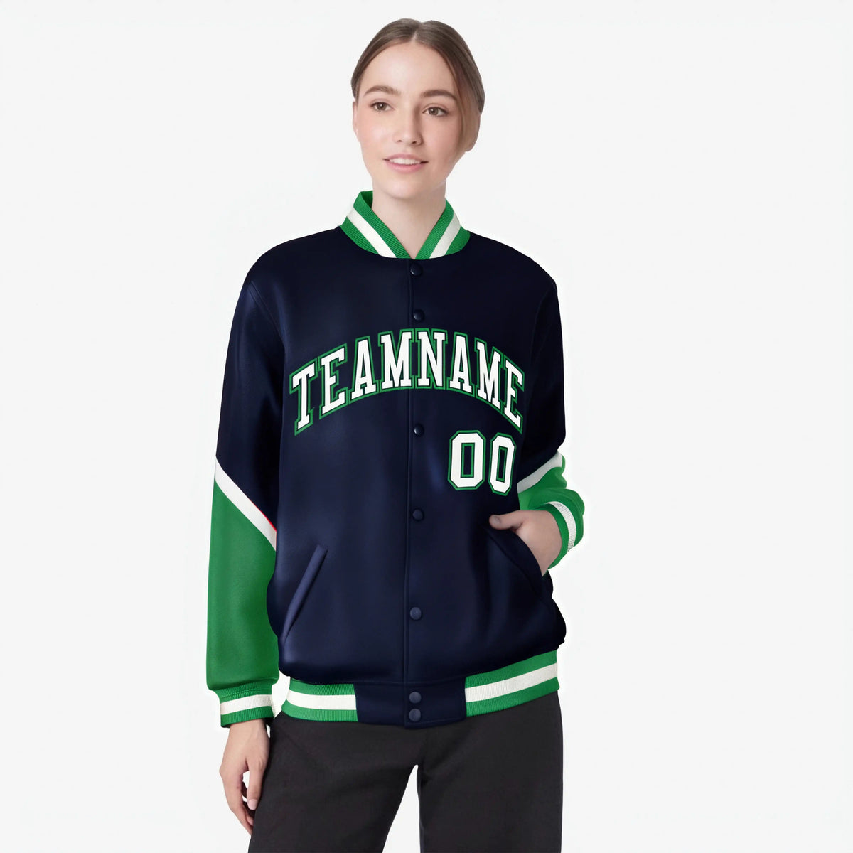 Custom Navy Kelly Green-White Varsity Full-Snap Color Block Letterman Jacket