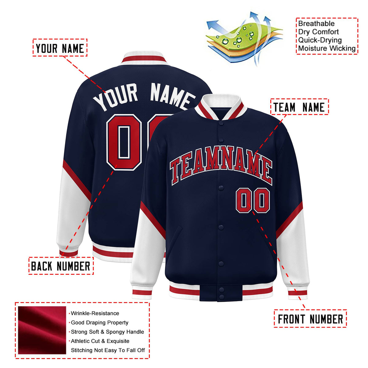 Custom Navy Red-White Varsity Full-Snap Color Block Letterman Jacket