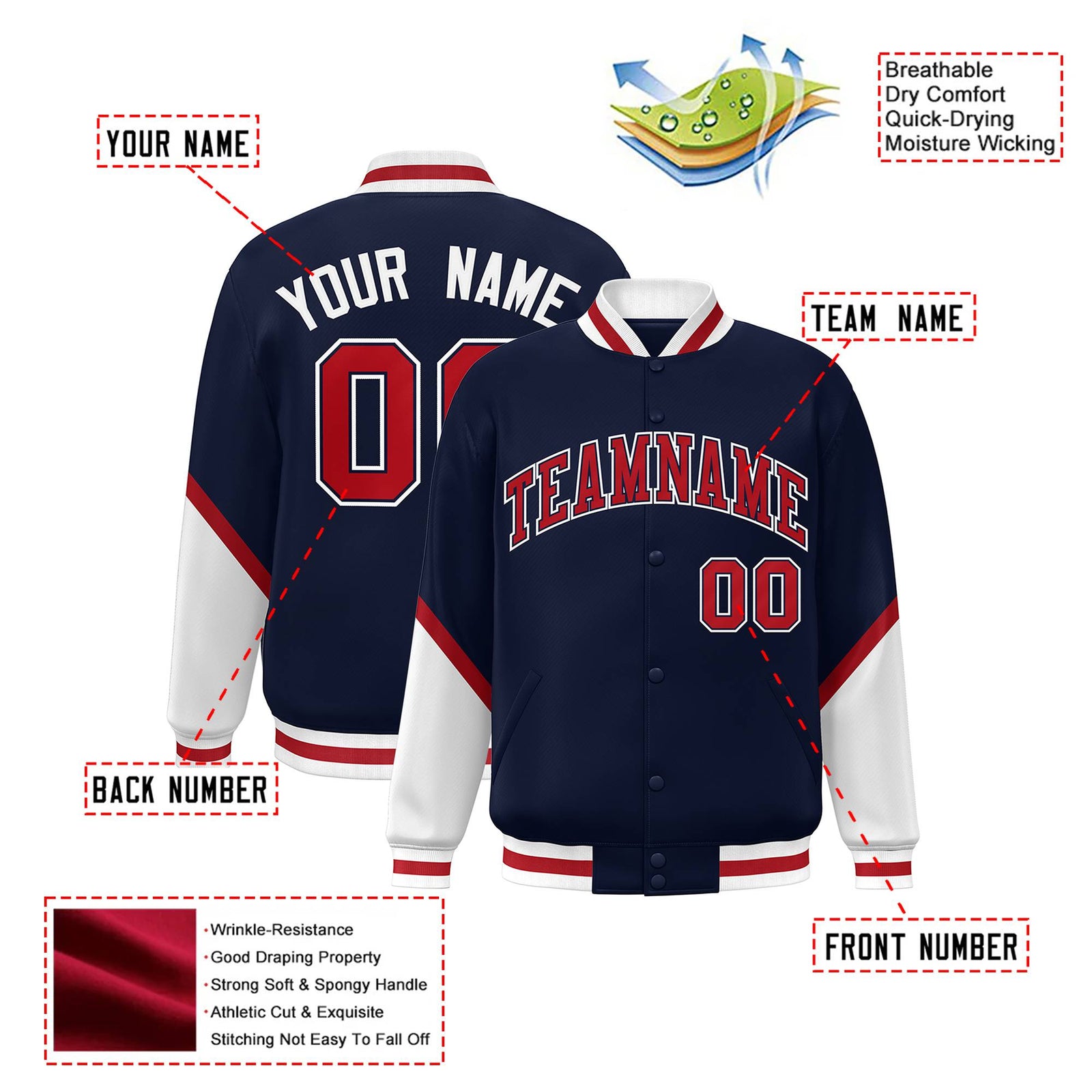 Custom Navy Red-White Varsity Full-Snap Color Block Letterman Jacket