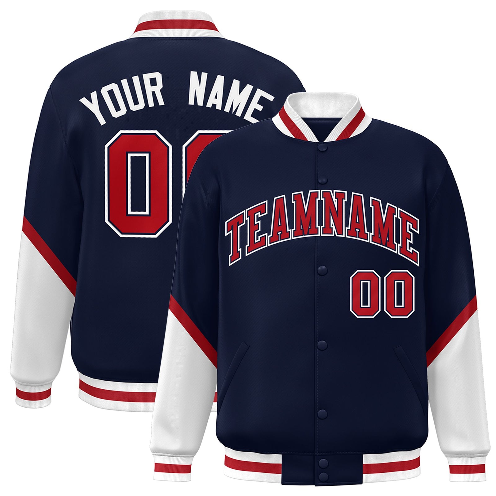 Custom Navy Red-White Varsity Full-Snap Color Block Letterman Jacket