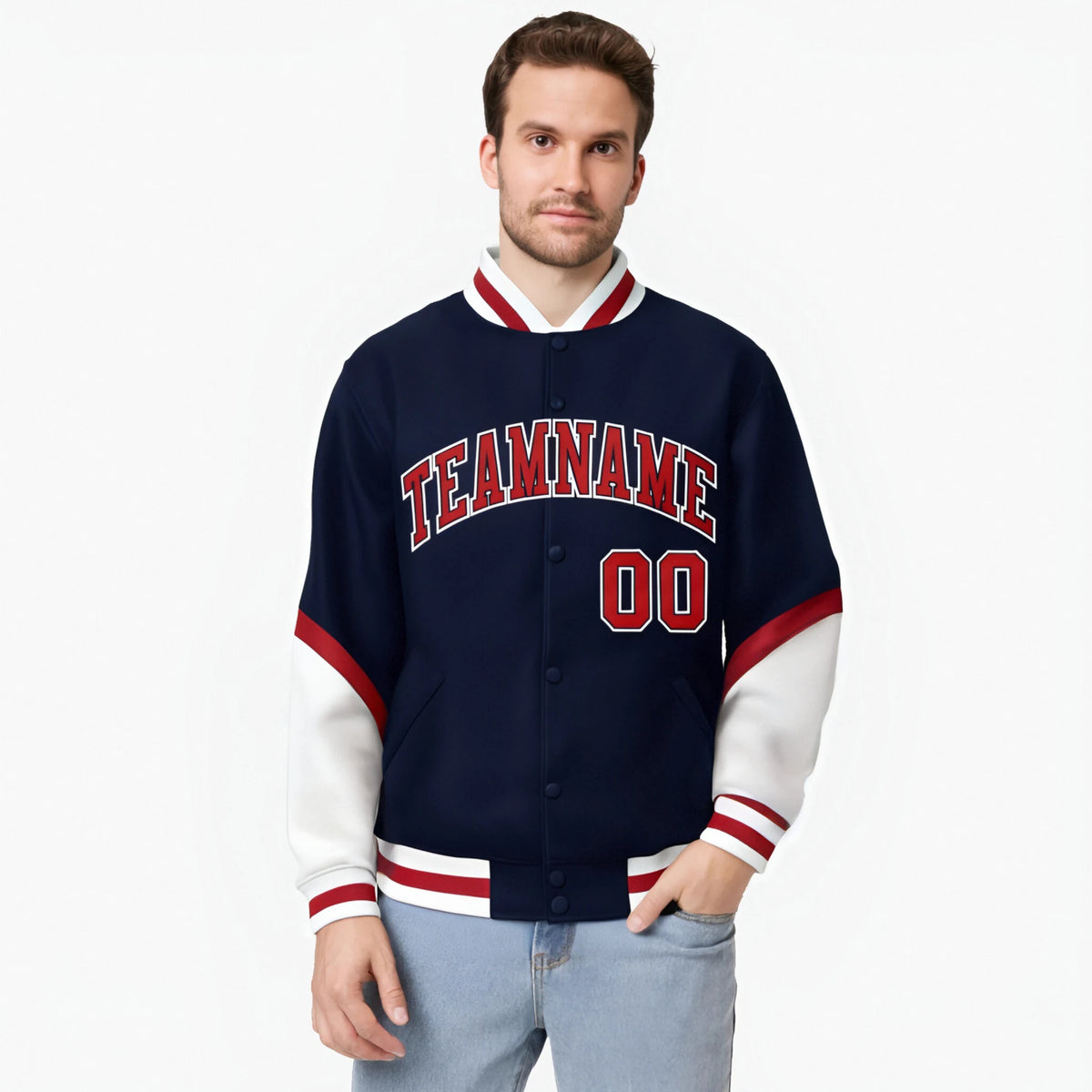 Custom Navy Red-White Varsity Full-Snap Color Block Letterman Jacket