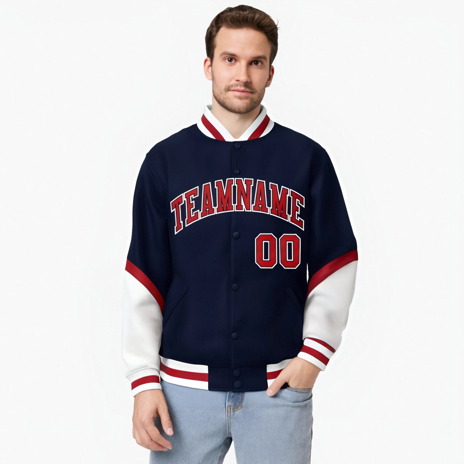 Custom Navy Red-White Varsity Full-Snap Color Block Letterman Jacket