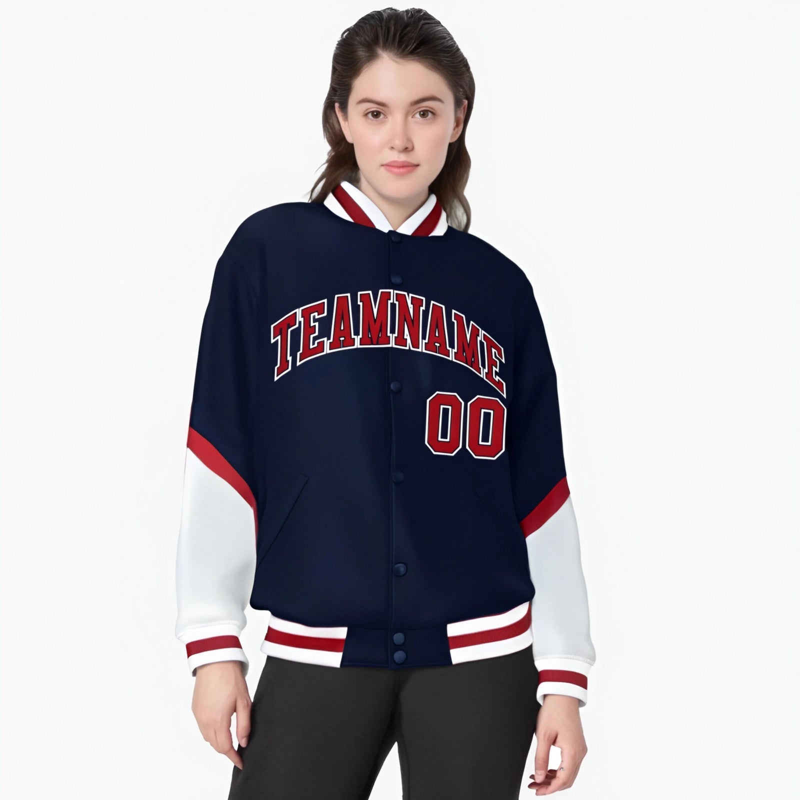 Custom Navy Red-White Varsity Full-Snap Color Block Letterman Jacket