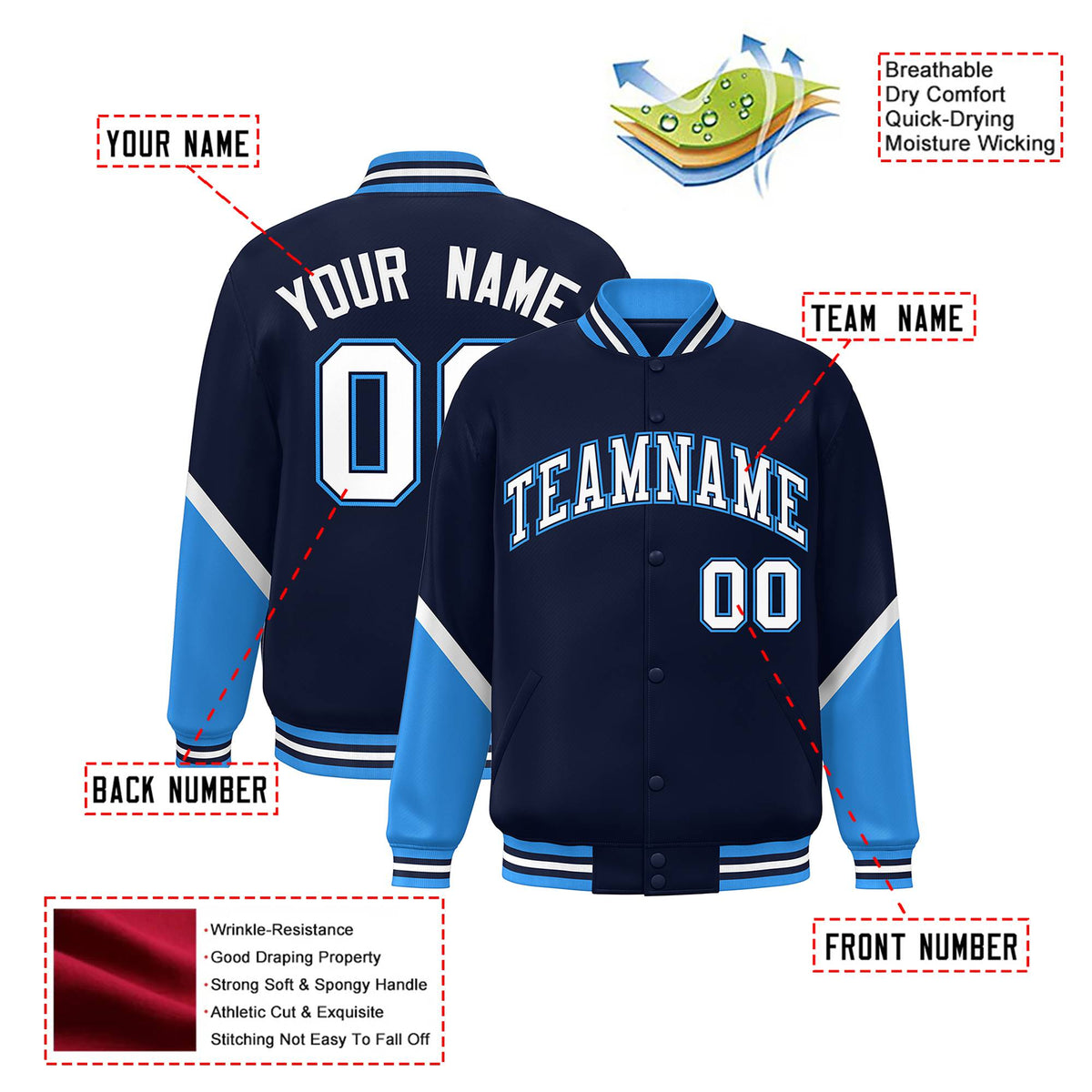 Custom Navy Powder Blue-White Varsity Full-Snap Color Block Letterman Jacket