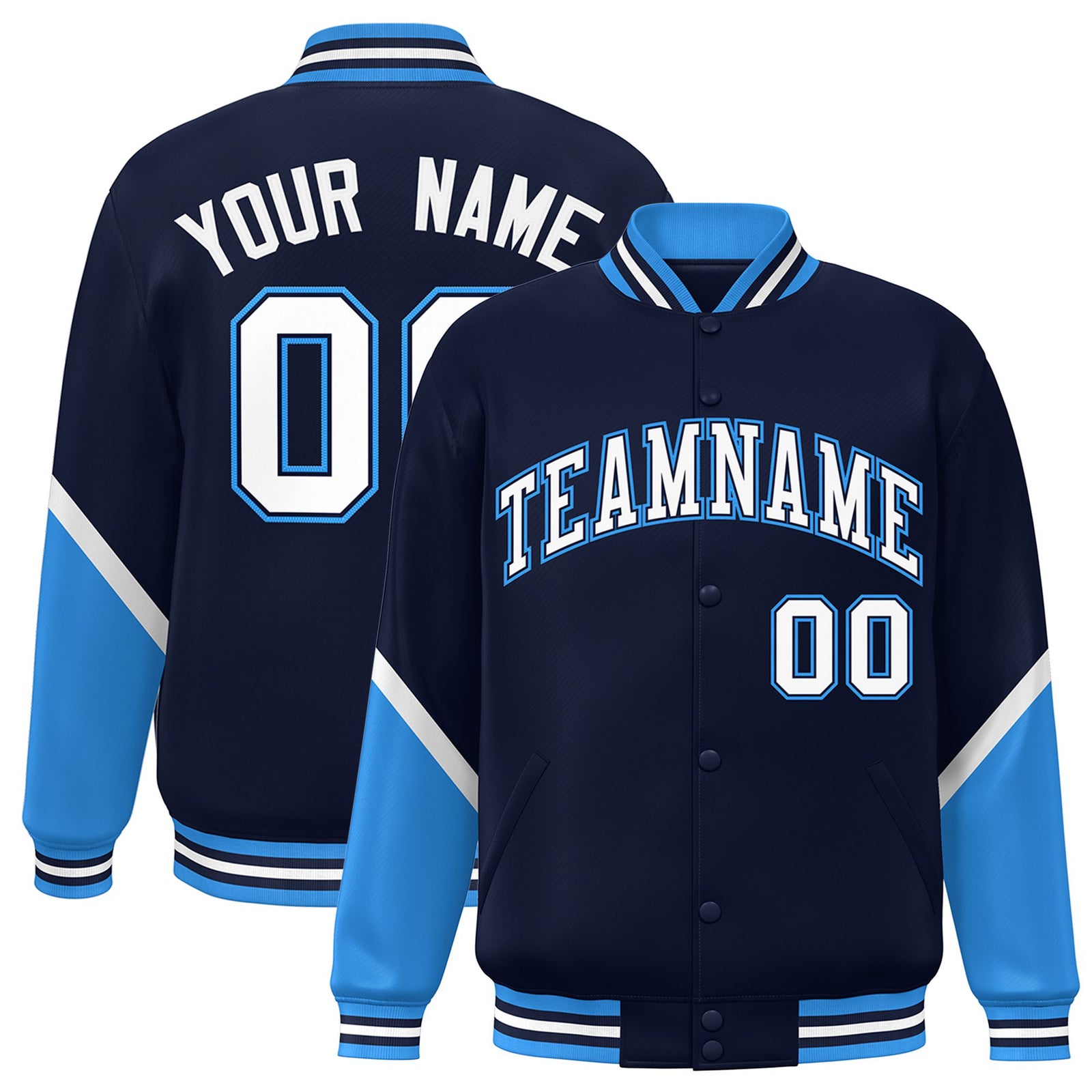 Custom Navy Powder Blue-White Varsity Full-Snap Color Block Letterman Jacket