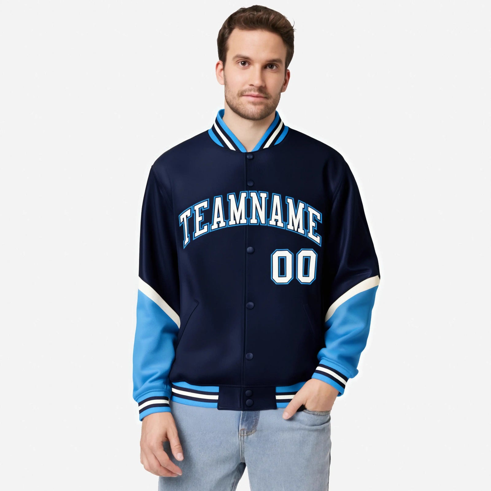 Custom Navy Powder Blue-White Varsity Full-Snap Color Block Letterman Jacket