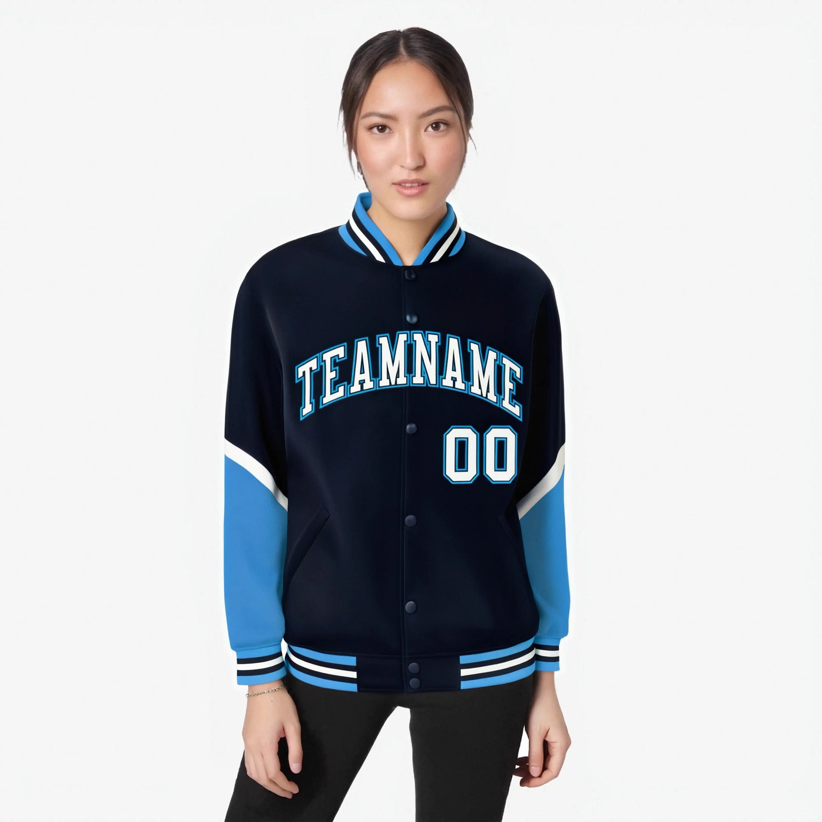 Custom Navy Powder Blue-White Varsity Full-Snap Color Block Letterman Jacket