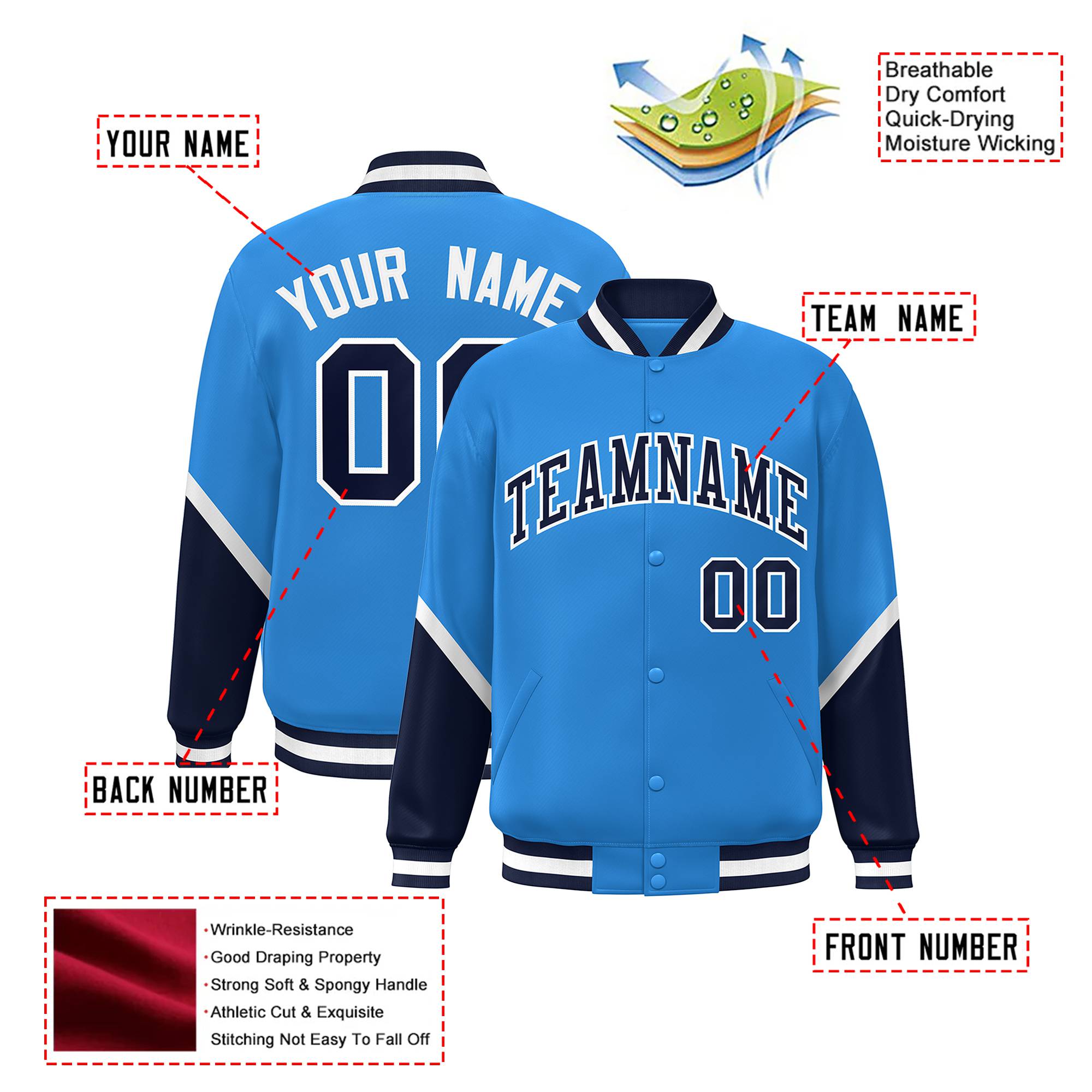 Custom Powder Blue Navy-White Varsity Full-Snap Color Block Letterman Jacket