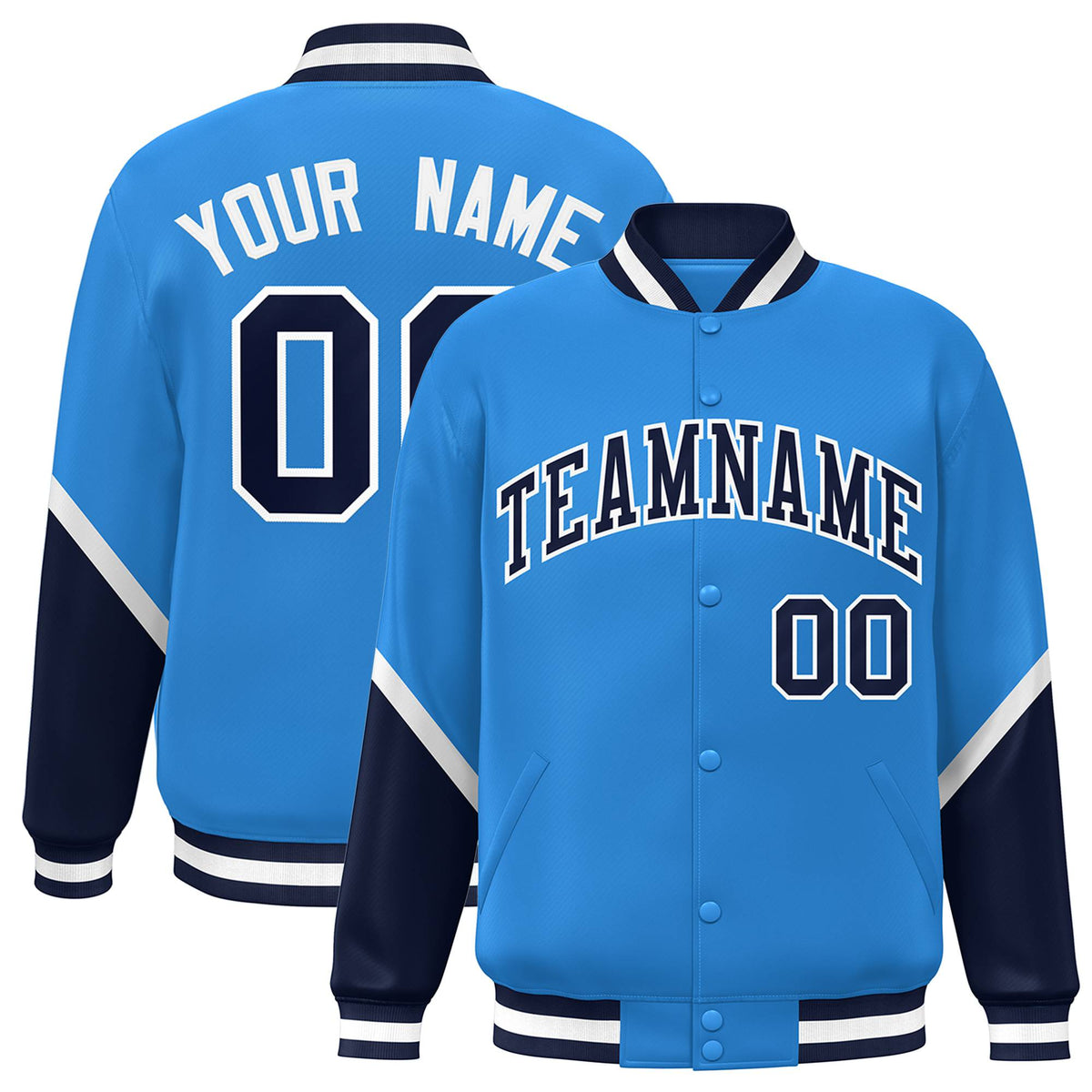 Custom Powder Blue Navy-White Varsity Full-Snap Color Block Letterman Jacket