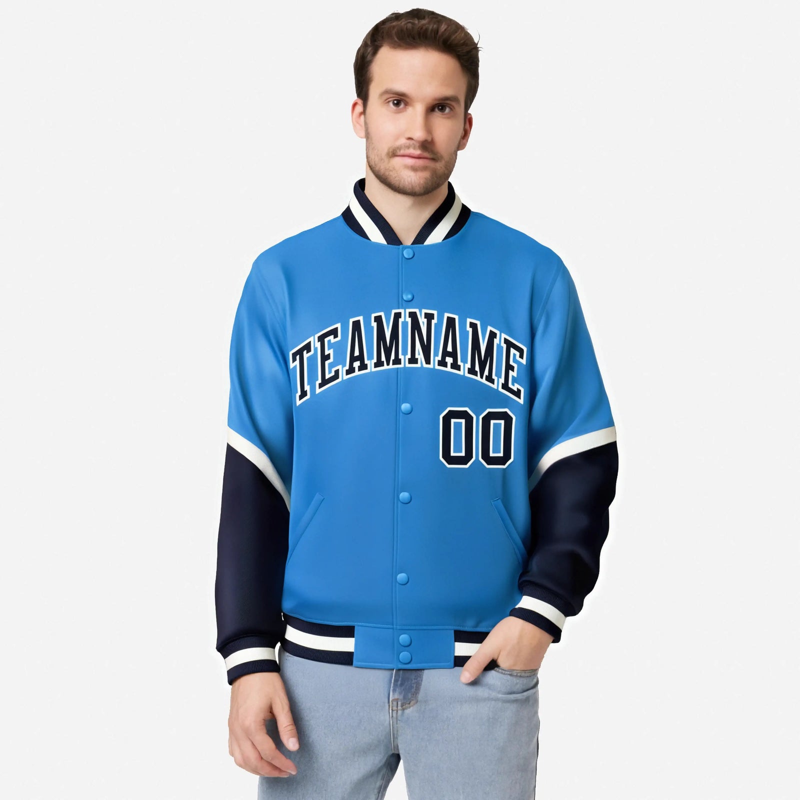 Custom Powder Blue Navy-White Varsity Full-Snap Color Block Letterman Jacket
