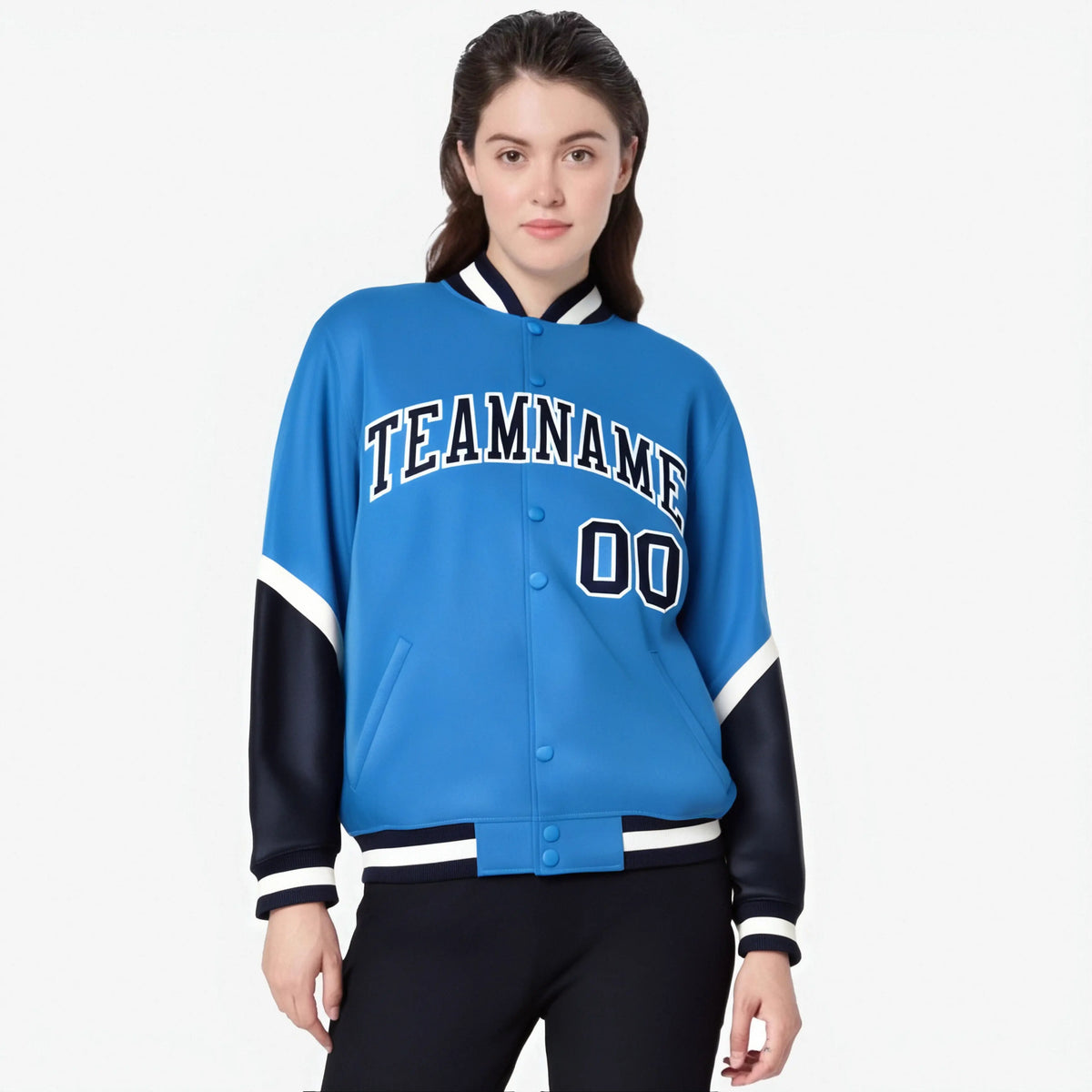 Custom Powder Blue Navy-White Varsity Full-Snap Color Block Letterman Jacket