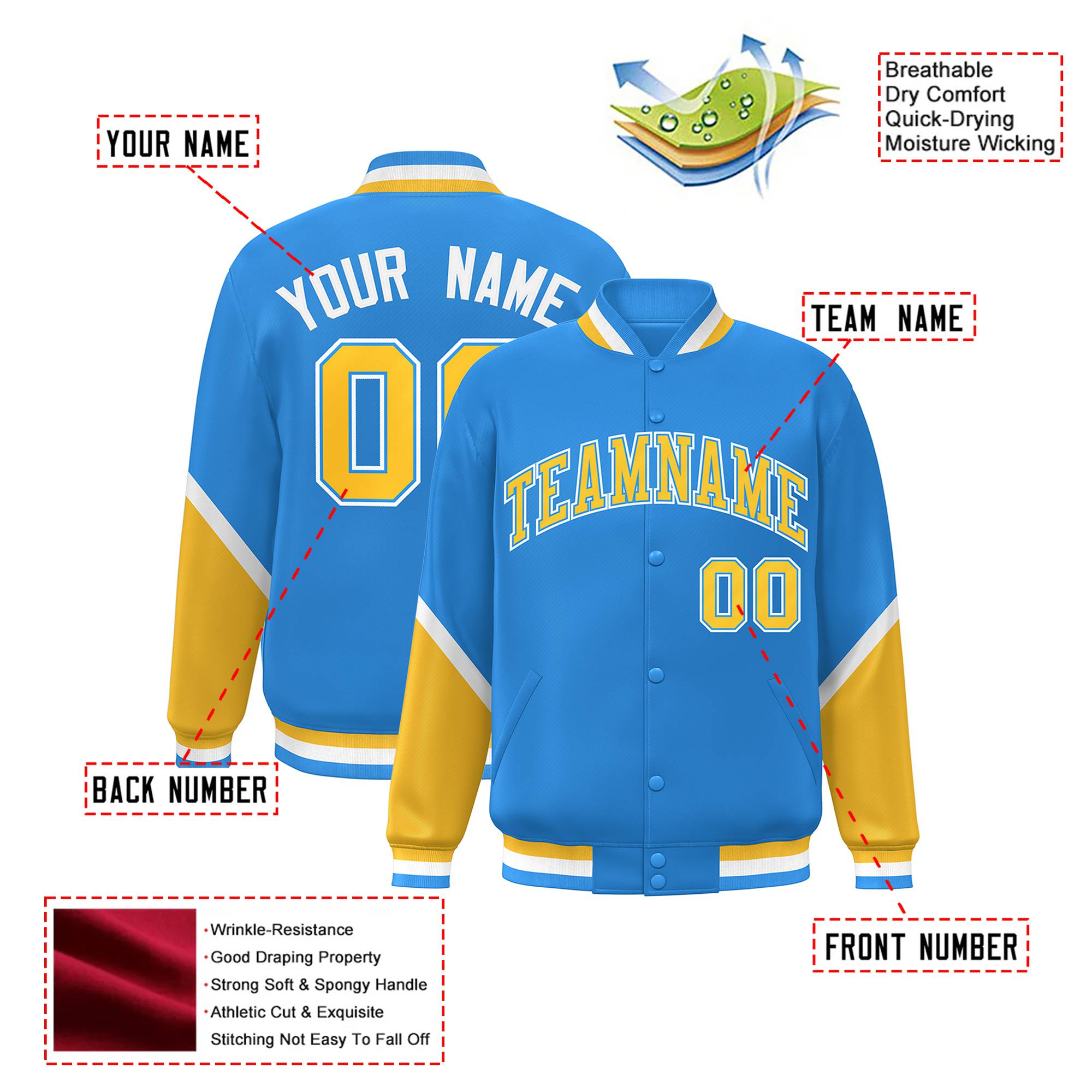 Custom Powder Blue Gold-White Varsity Full-Snap Color Block Letterman Jacket