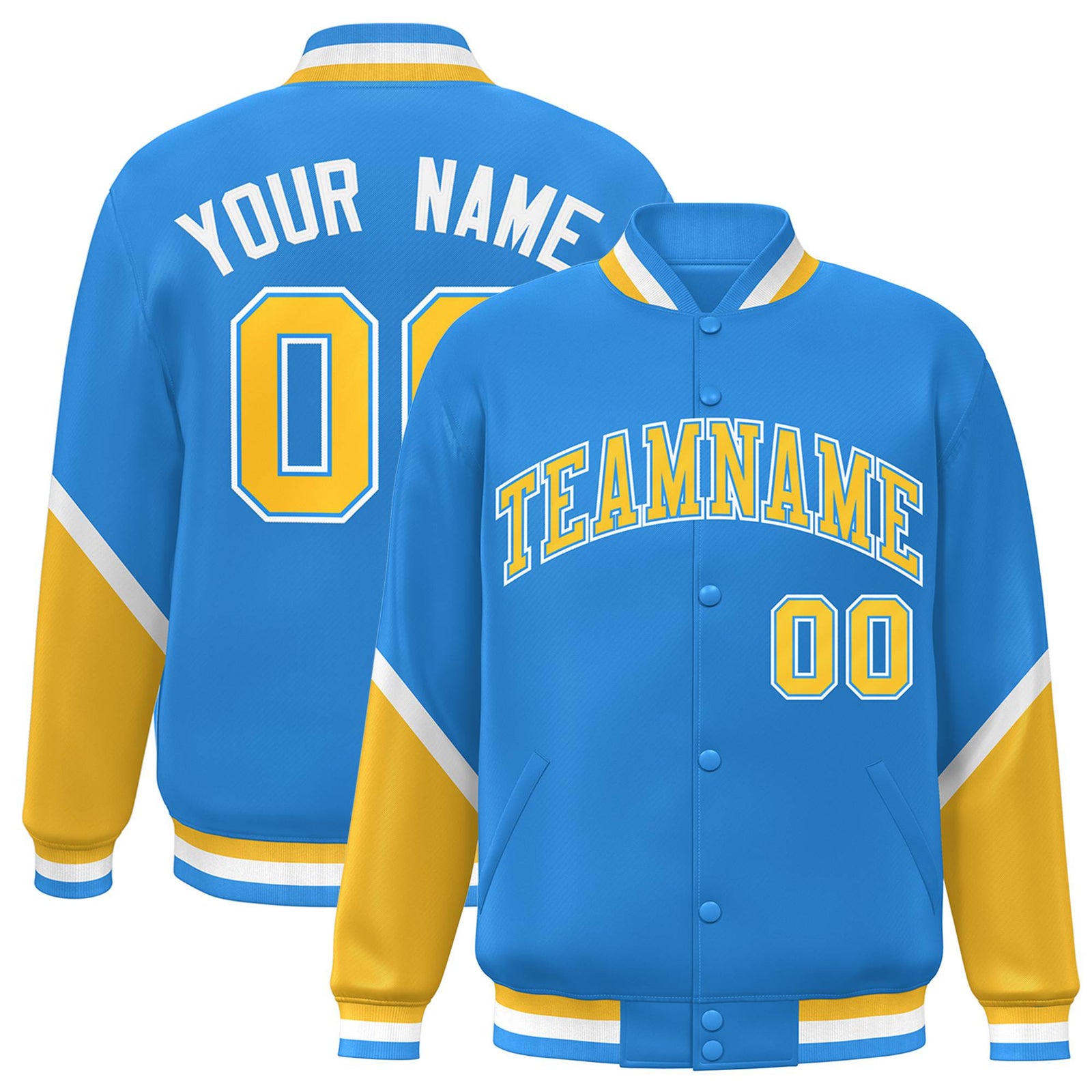 Custom Powder Blue Gold-White Varsity Full-Snap Color Block Letterman Jacket