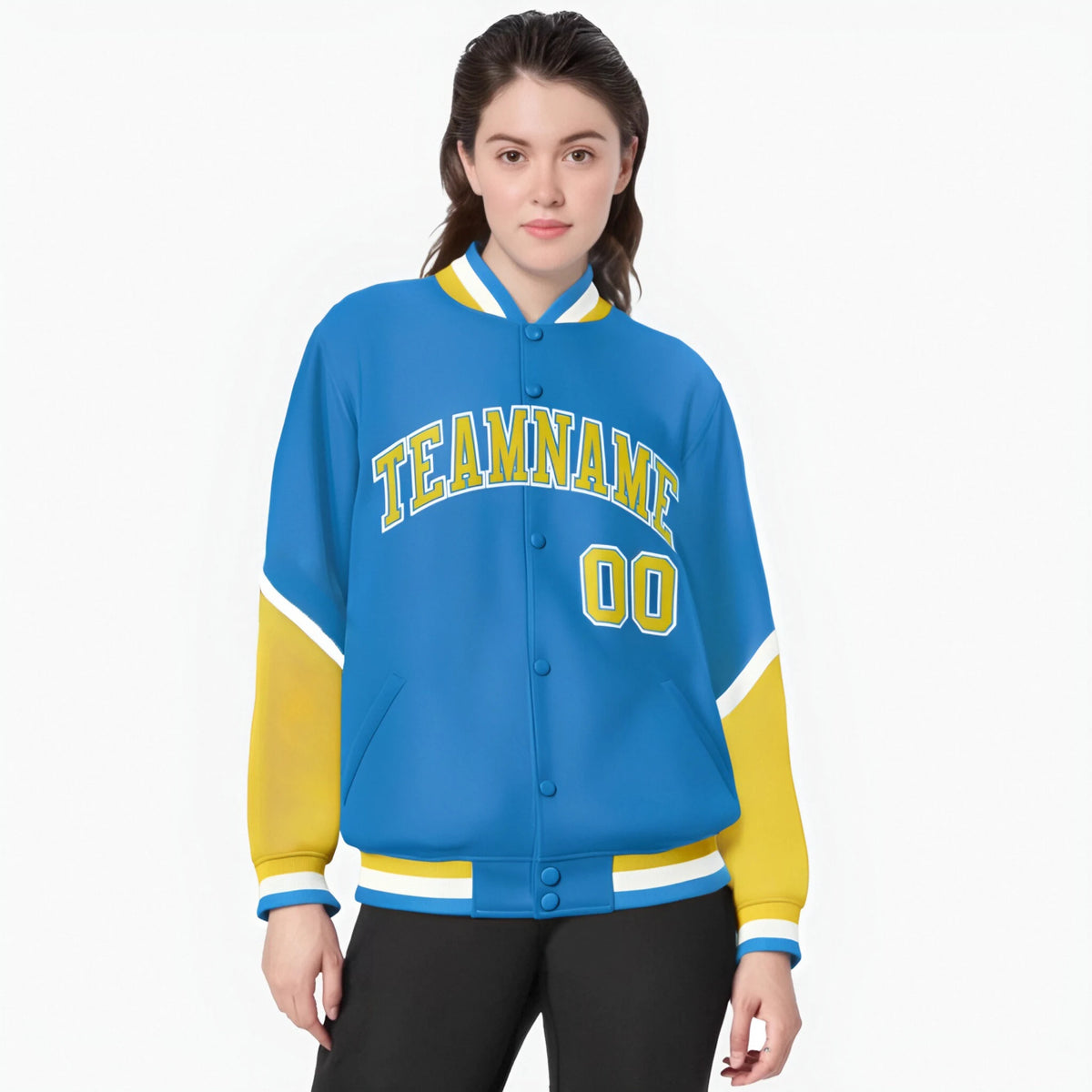 Custom Powder Blue Gold-White Varsity Full-Snap Color Block Letterman Jacket