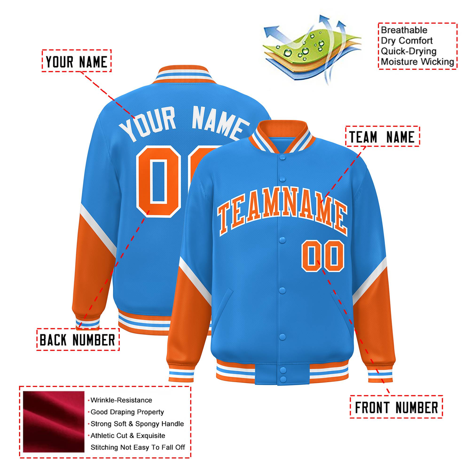 Custom Powder Blue Orange-White Varsity Full-Snap Color Block Letterman Jacket