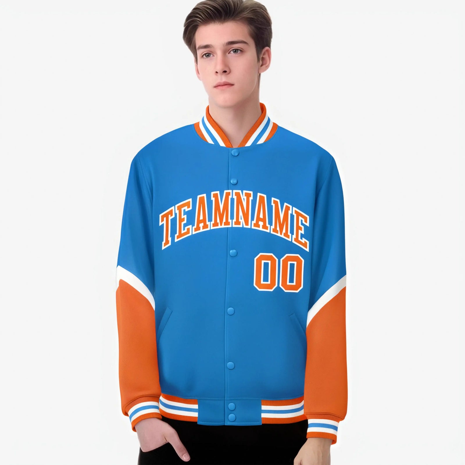Custom Powder Blue Orange-White Varsity Full-Snap Color Block Letterman Jacket