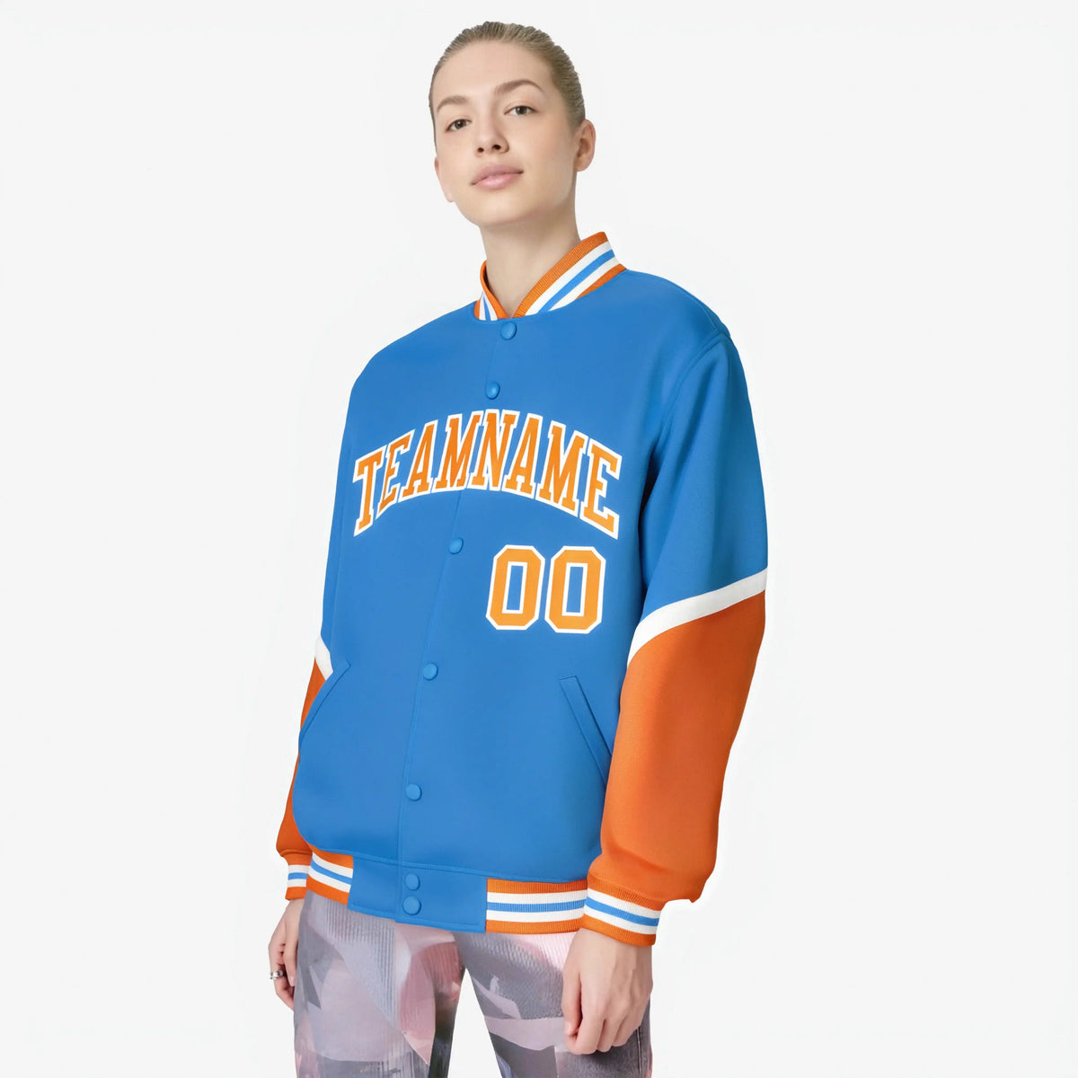 Custom Powder Blue Orange-White Varsity Full-Snap Color Block Letterman Jacket