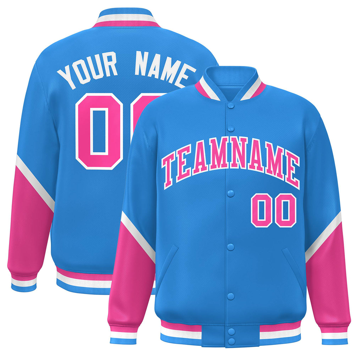 Custom Powder Blue Pink-White Varsity Full-Snap Color Block Letterman Jacket