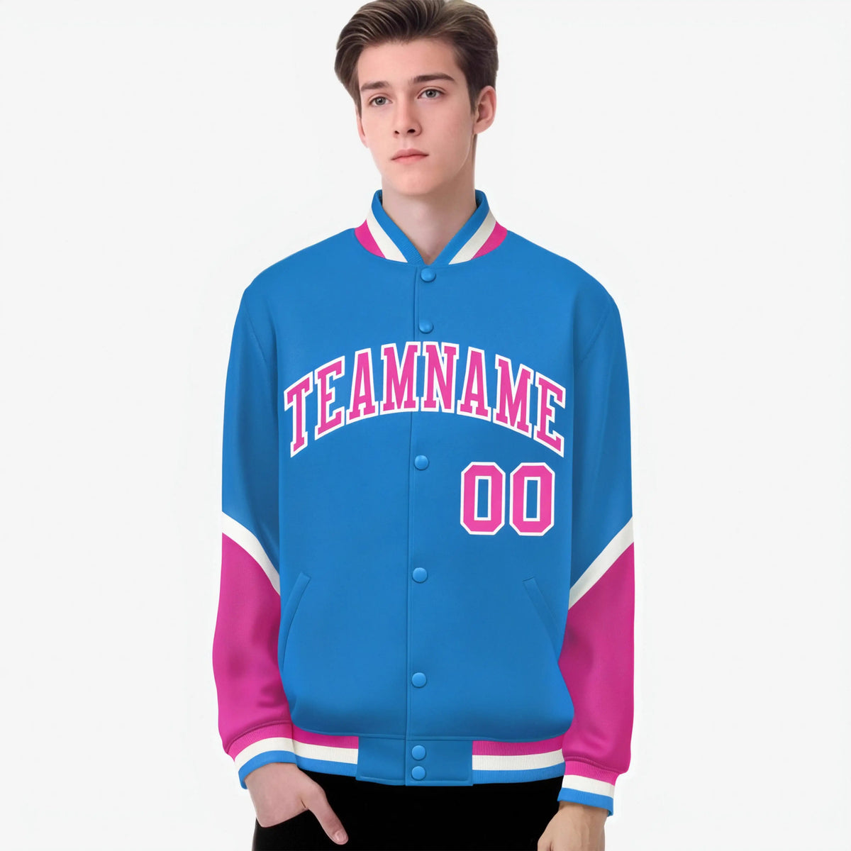 Custom Powder Blue Pink-White Varsity Full-Snap Color Block Letterman Jacket