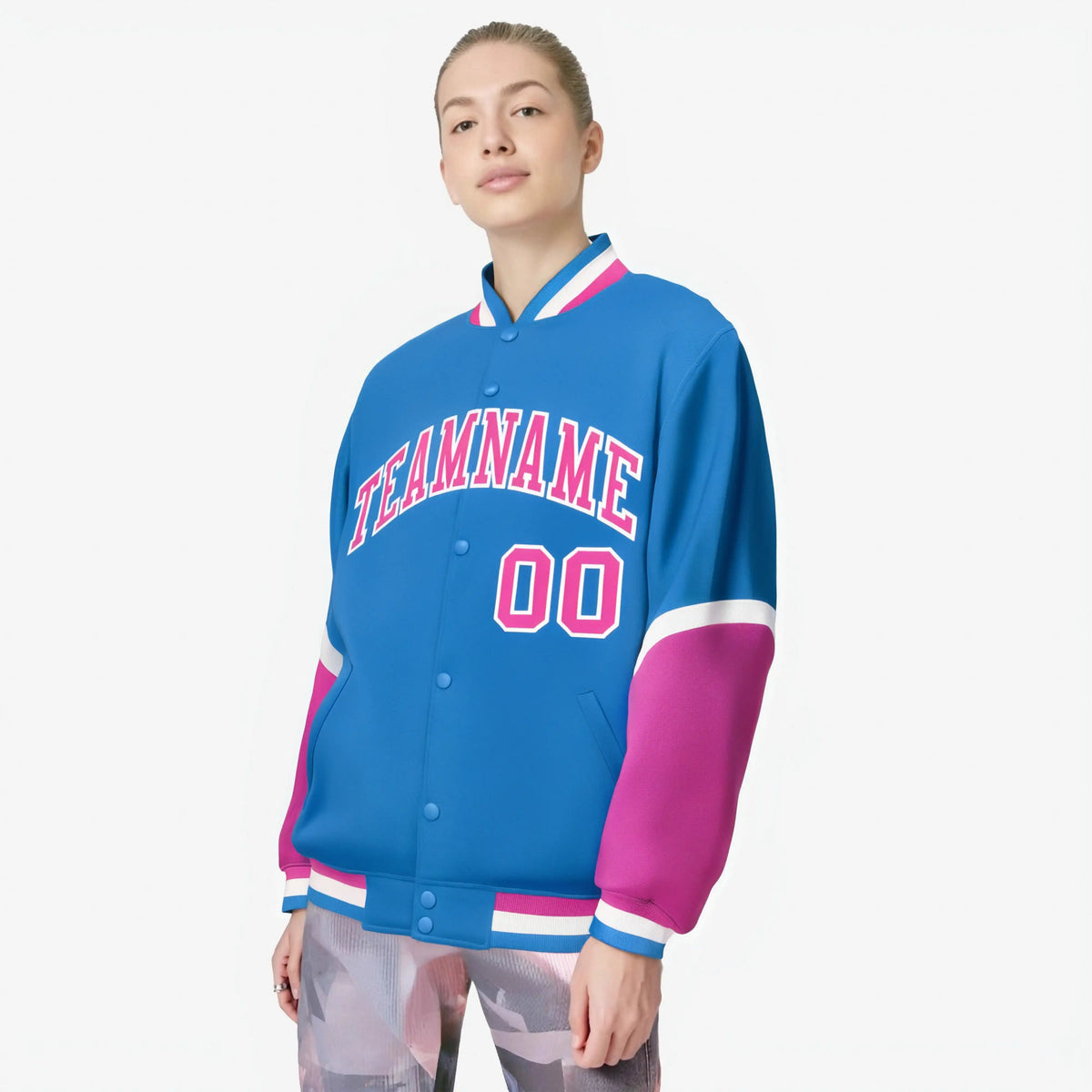 Custom Powder Blue Pink-White Varsity Full-Snap Color Block Letterman Jacket