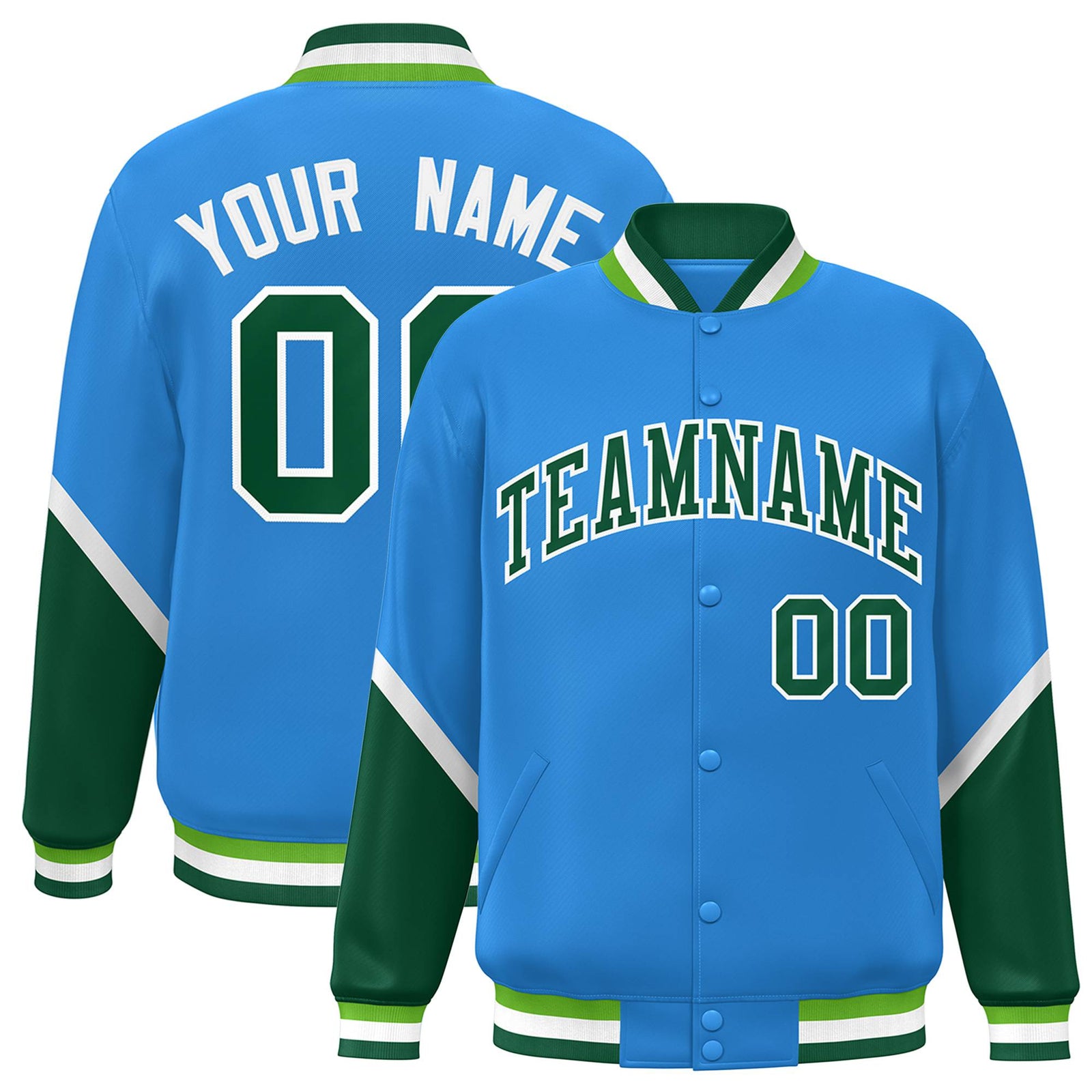 Custom Powder Blue Green-White Varsity Full-Snap Color Block Letterman Jacket