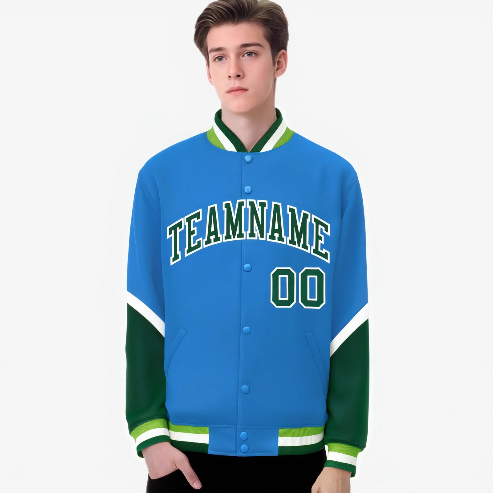 Custom Powder Blue Green-White Varsity Full-Snap Color Block Letterman Jacket
