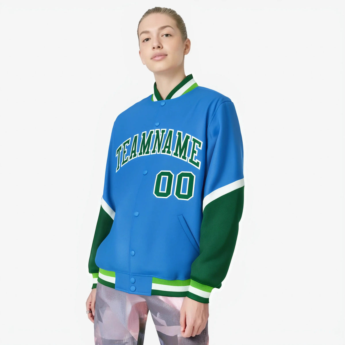 Custom Powder Blue Green-White Varsity Full-Snap Color Block Letterman Jacket
