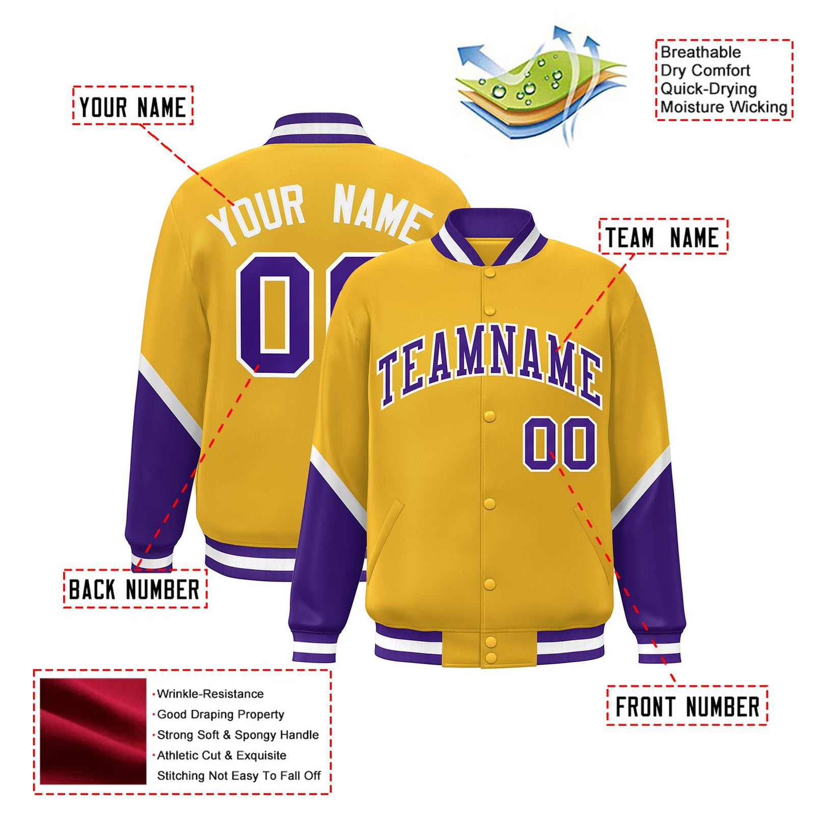 Custom Gold Purple-White Varsity Full-Snap Color Block Letterman Jacket