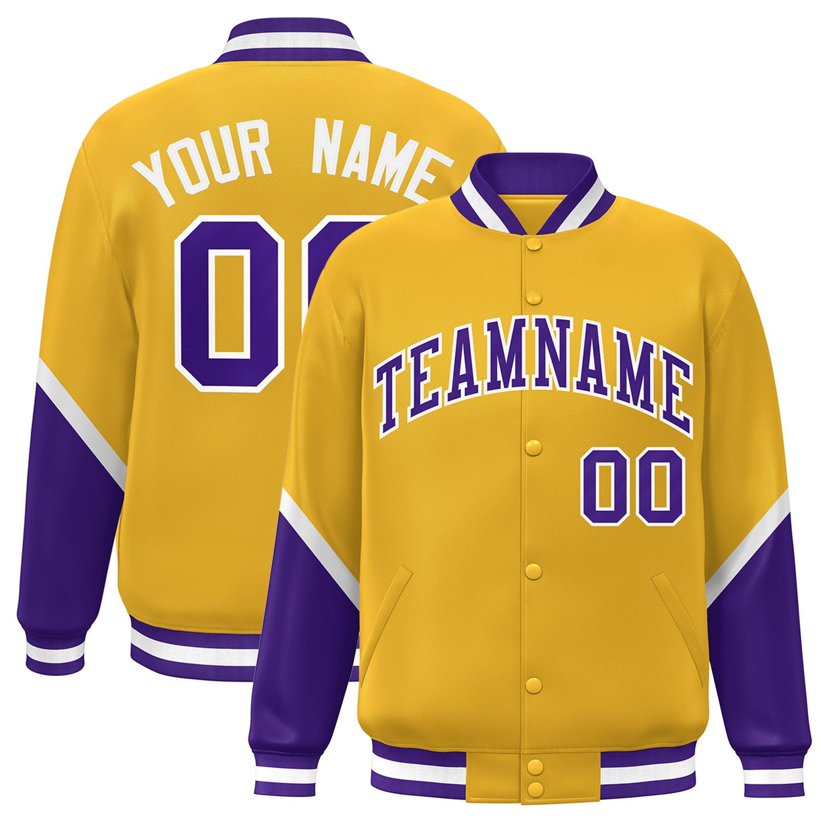 Custom Gold Purple-White Varsity Full-Snap Color Block Letterman Jacket