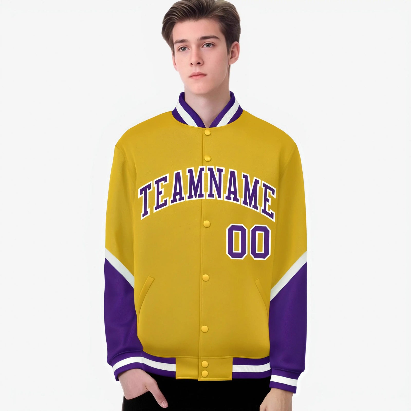 Custom Gold Purple-White Varsity Full-Snap Color Block Letterman Jacket