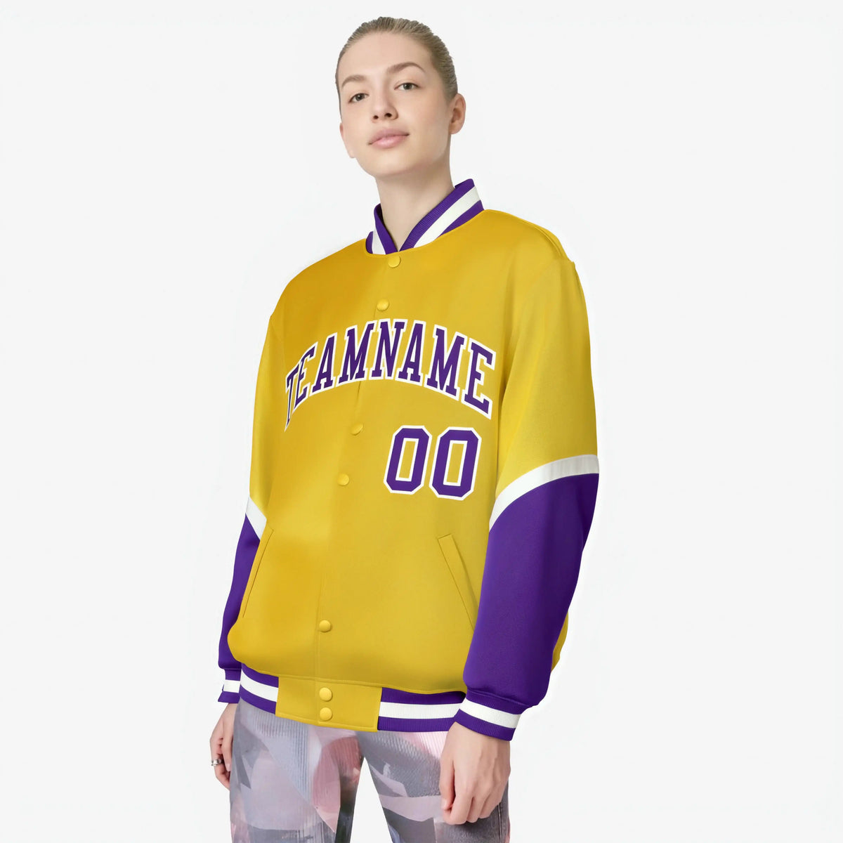 Custom Gold Purple-White Varsity Full-Snap Color Block Letterman Jacket