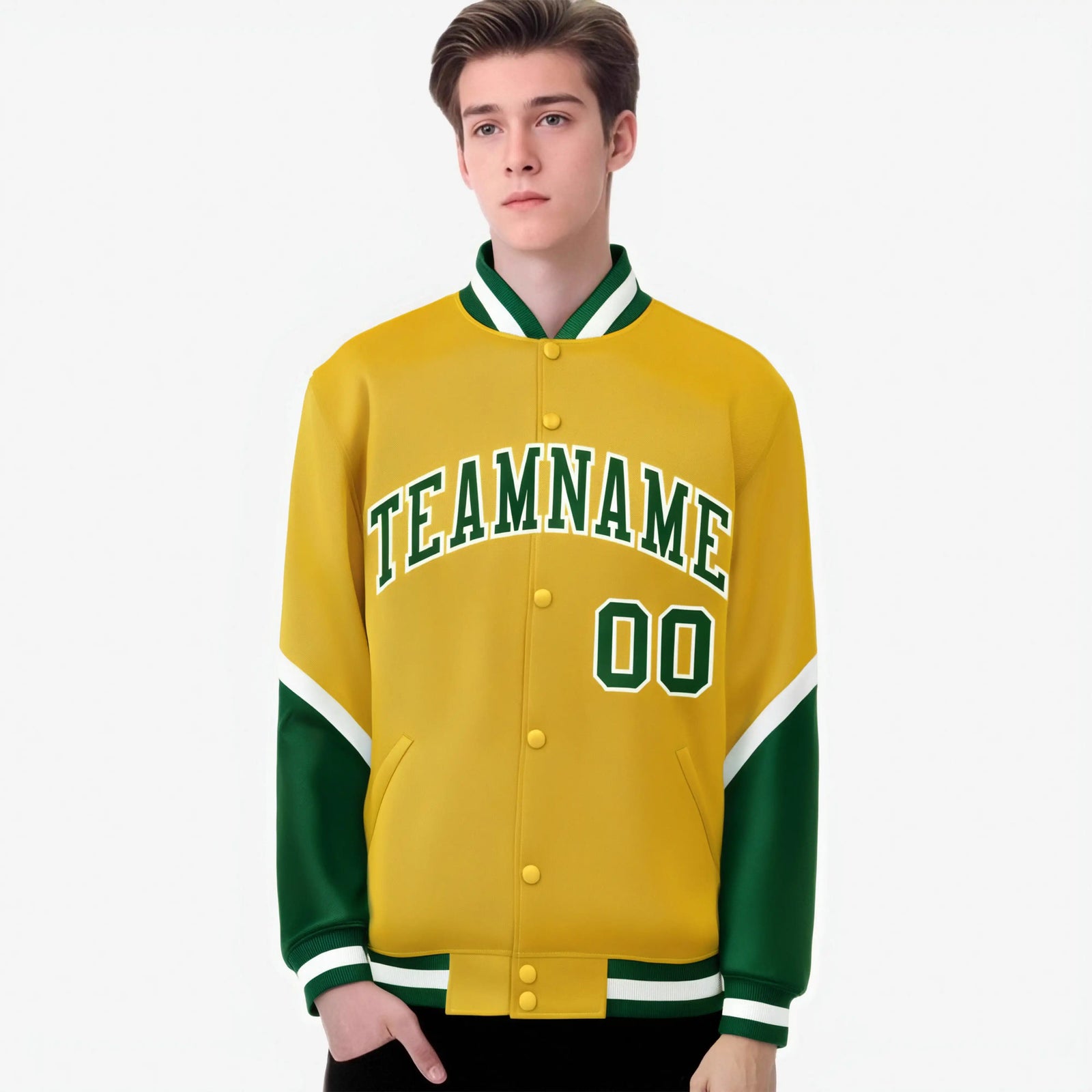 Custom Gold Green-White Varsity Full-Snap Color Block Letterman Jacket