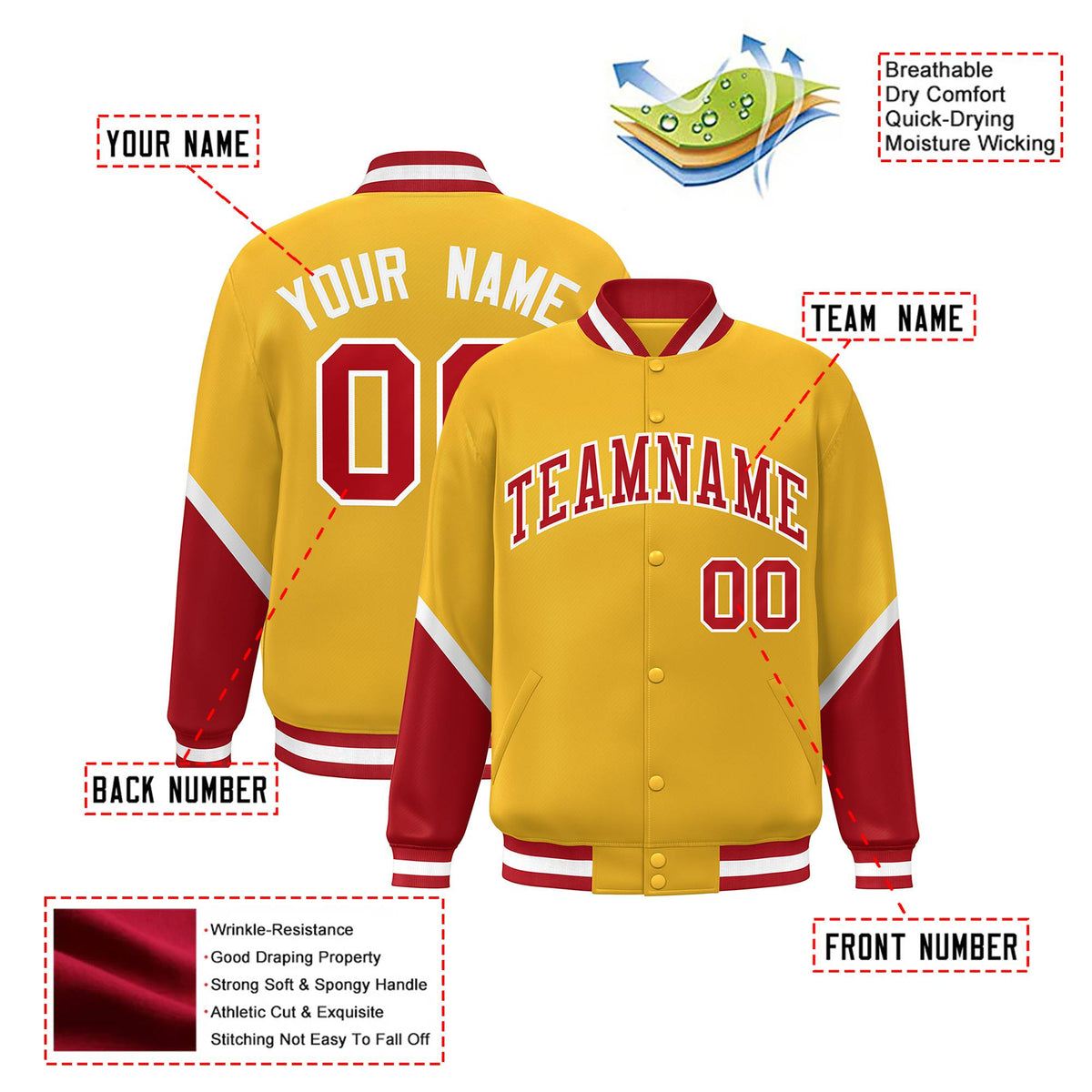Custom Gold Red-White Varsity Full-Snap Color Block Letterman Jacket