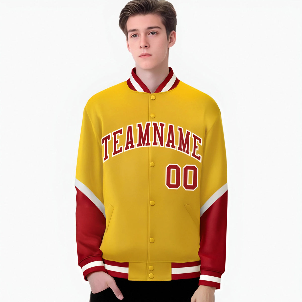 Custom Gold Red-White Varsity Full-Snap Color Block Letterman Jacket
