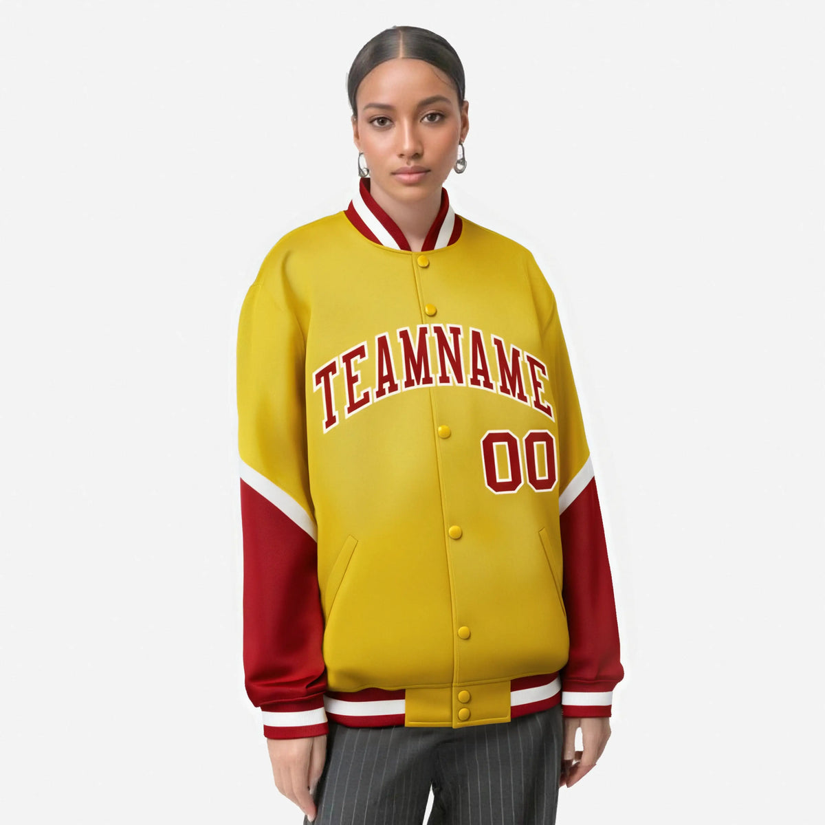 Custom Gold Red-White Varsity Full-Snap Color Block Letterman Jacket