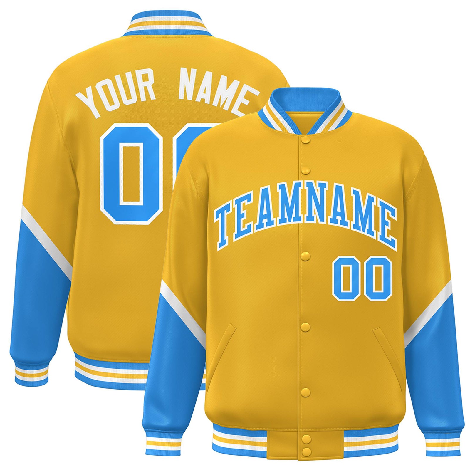 Custom Gold Powder Blue-White Varsity Full-Snap Color Block Letterman Jacket