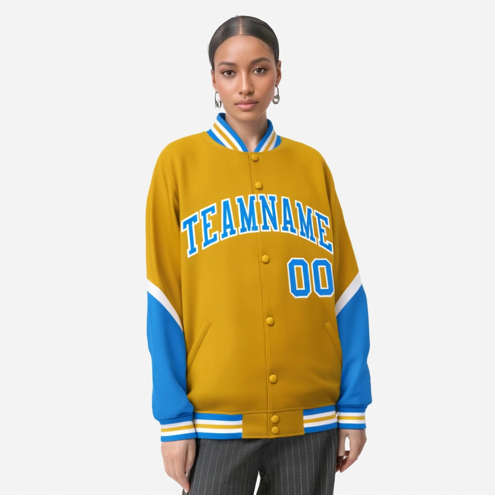 Custom Gold Powder Blue-White Varsity Full-Snap Color Block Letterman Jacket