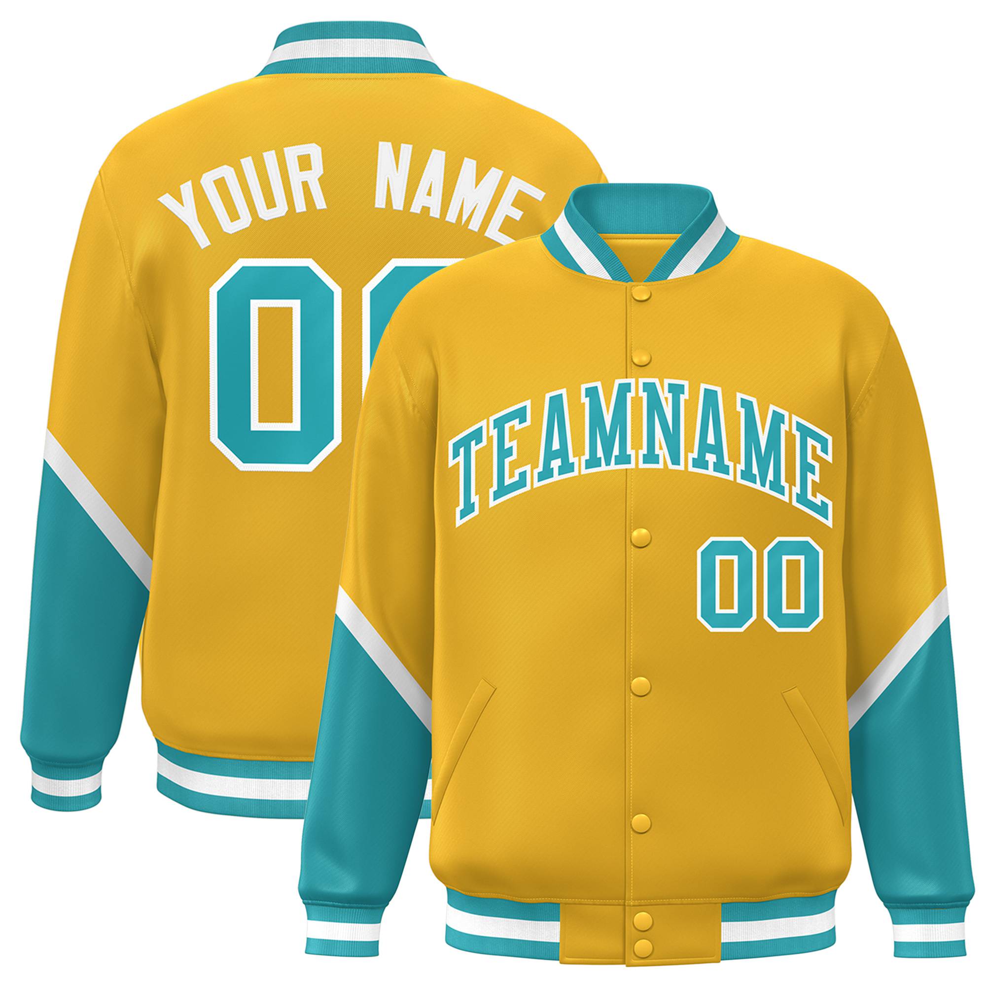 Custom Gold Aqua-White Varsity Full-Snap Color Block Letterman Jacket