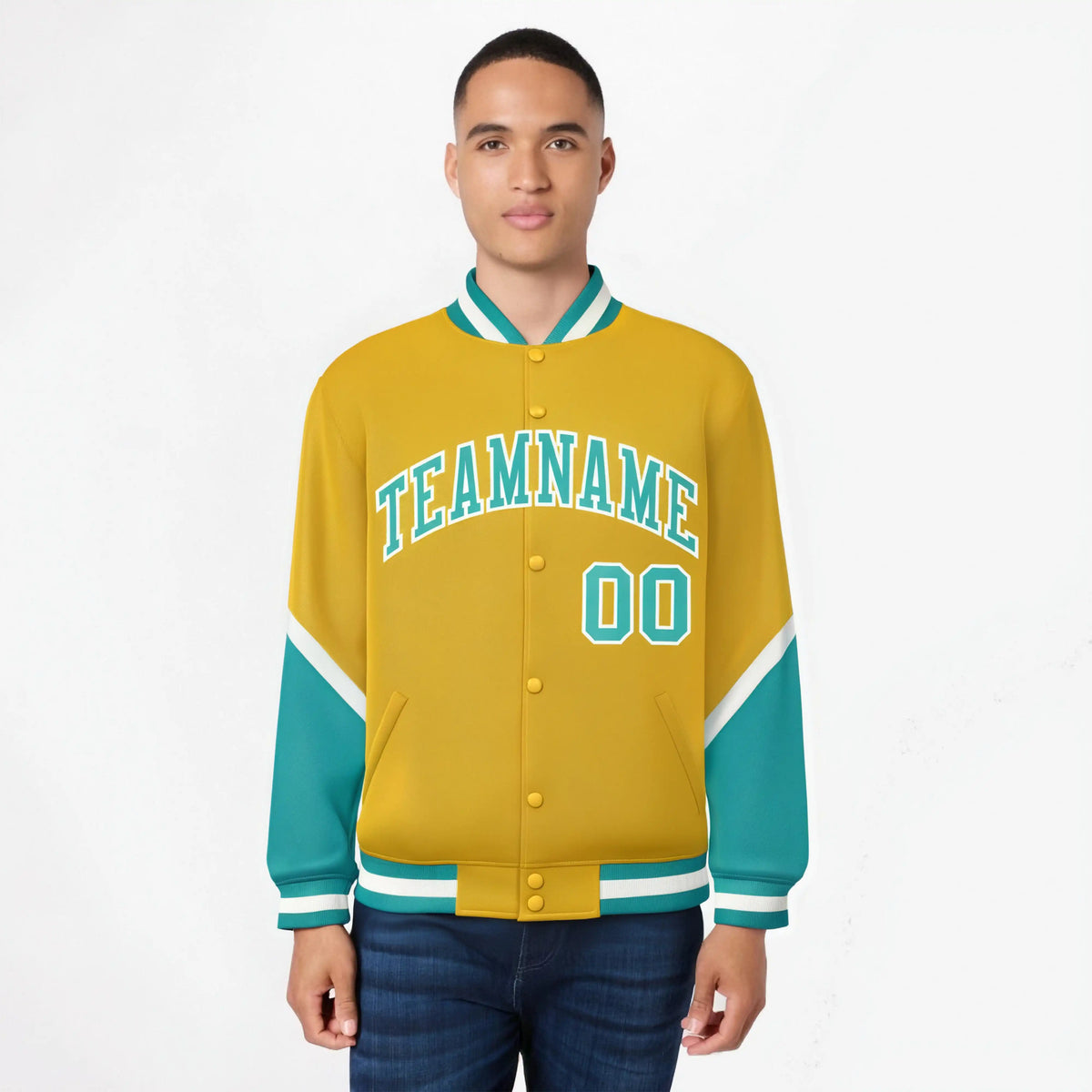 Custom Gold Aqua-White Varsity Full-Snap Color Block Letterman Jacket