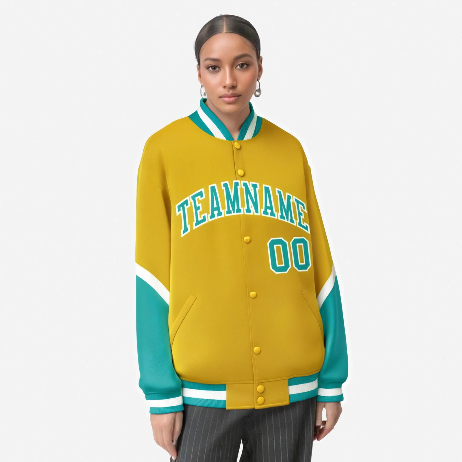 Custom Gold Aqua-White Varsity Full-Snap Color Block Letterman Jacket